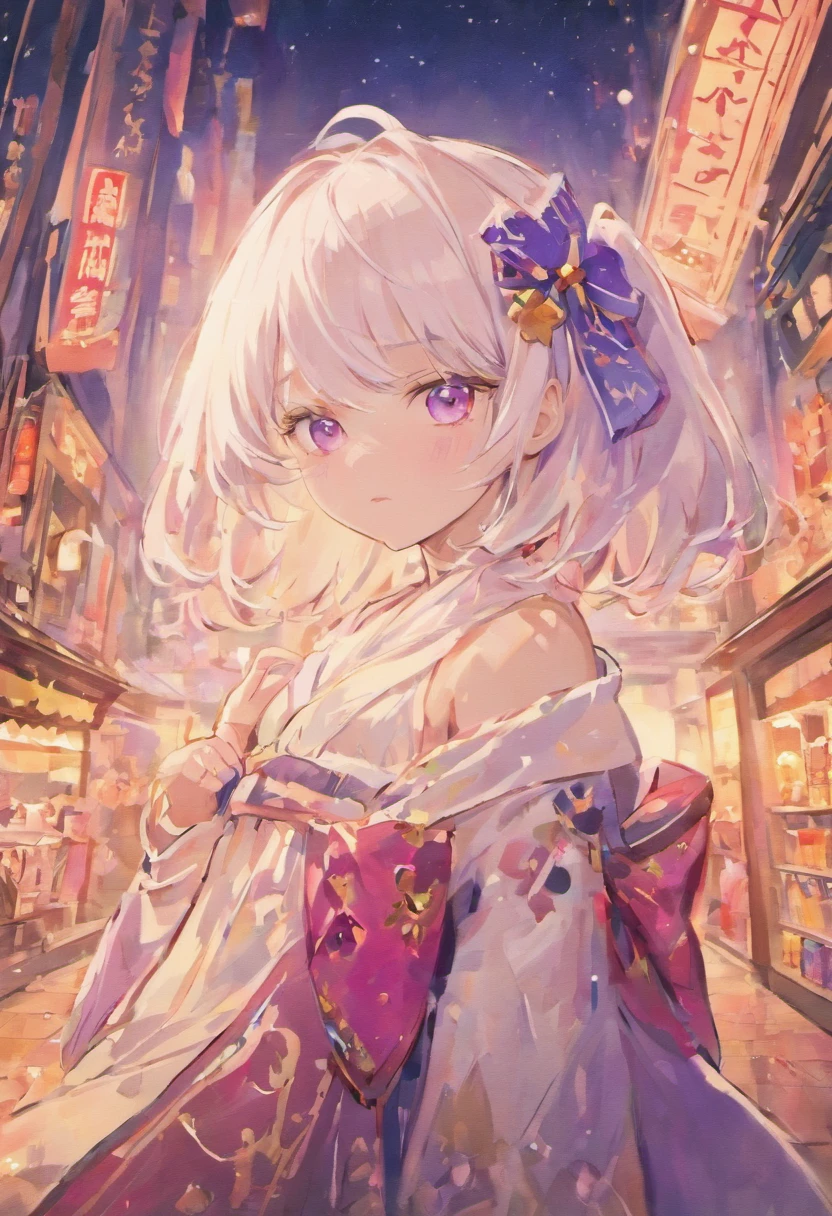 skistyle, 1girl in, Solo, White hair, Eyes are purple,, Looking at Viewer, With bangs, length hair,,, , Hair Bow, pink bows, Closed mouth, Shirt, White shirt, Portrait、makeup, Upper body, Wearing a black hat、Fortune teller's style、Holding tarot cards in his hand。