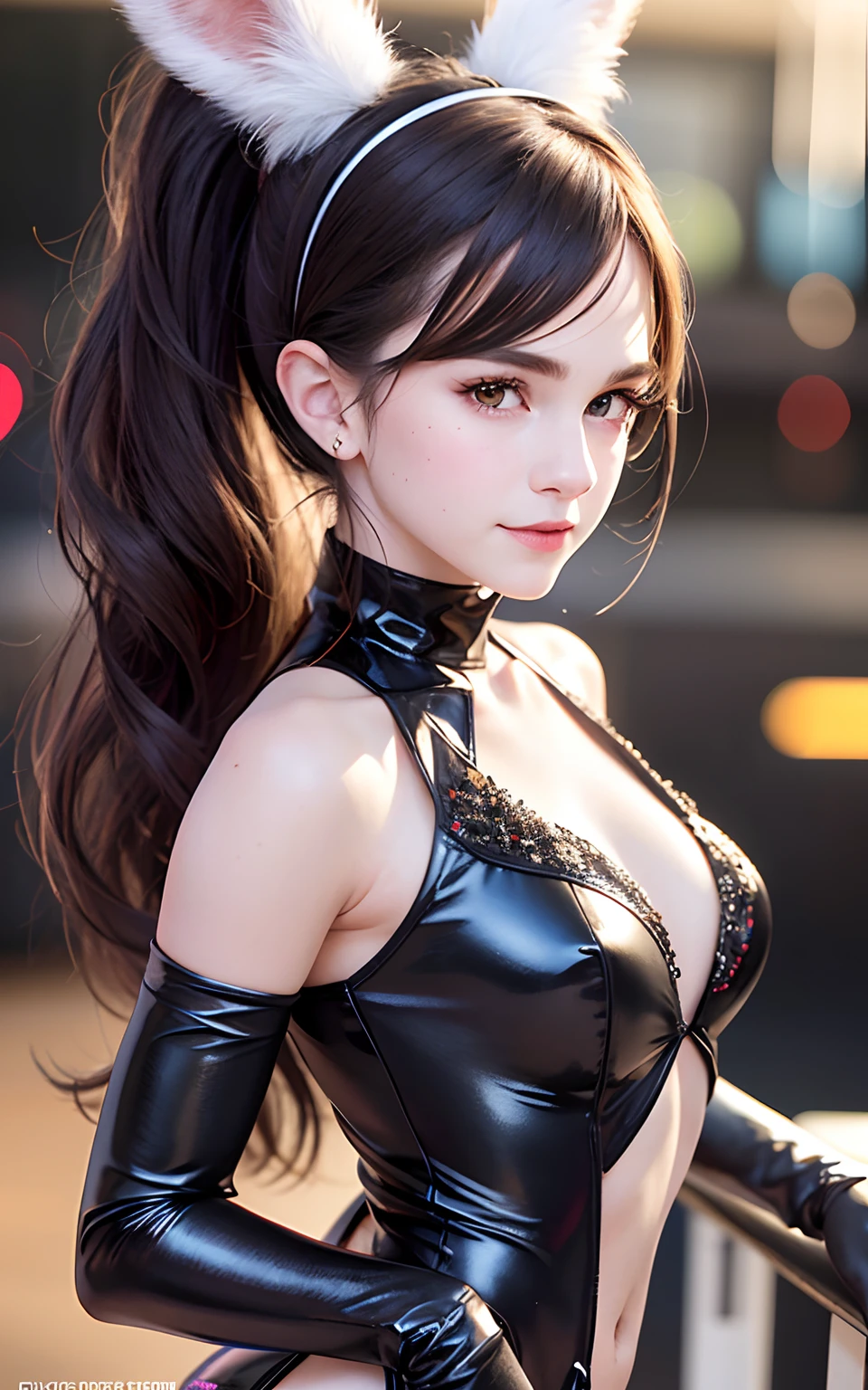 (Realistic, Photorealistic: 1.37), (8k, RAW Photos, Best Quality, Masterpiece: 1.2), Very Cute Woman, Ultra Detailed, Heart-Shaped Pupil, Physically Based Rendering, Ultra High Resolution, Kodak Vision Color, Shot with Arricam LT Camera, Bokeh, Sharp Focus, ((Correct Anatomy: 1.2)), ((Emma Watson)) Watch Viewer, Real, Solo, Photorealistic, top quality, highly detailed face, (sequins, black bunny suit, rabbit ear shaped hairband: 1.2)), ponytail, highly detailed eyes and face, beautiful detailed eyes, double eyelids, (((unforgettable smile: 1.2)), red cheeks, hair fluttering in the wind, ((upper body)), (casino, background blur)), big, cute random pose