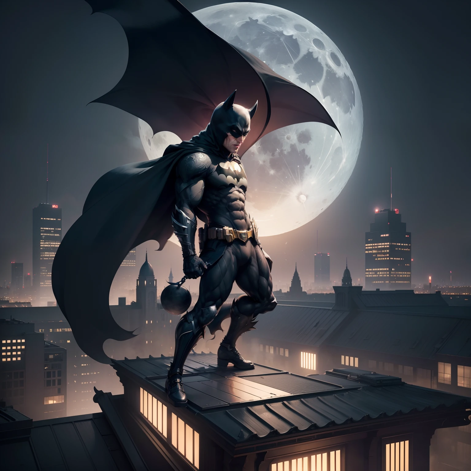 midnight, city, full moon, delicate detailed background, rooftop of building, batman, full body, dynamic pose, 1080P