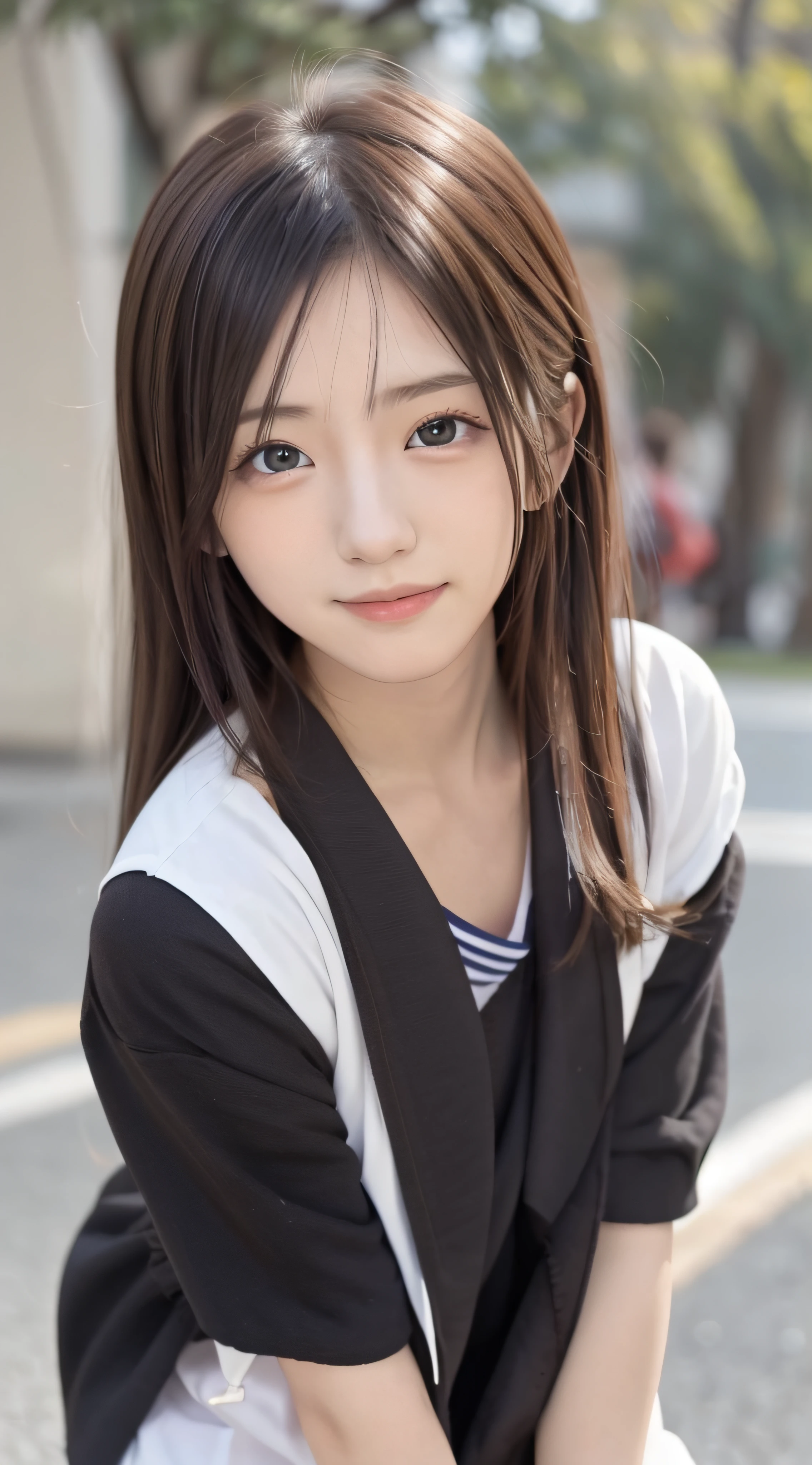13years、brown haired、beautidful eyes、real looking skin、hi-school girl、a sailor suit、small tits、(8K、masterpiece)、(reallistic、Photorealsitic)、top-quality、ighly detailed、The ultra-detailliert、Beautie、cute little、japanes、Idol、a smile、Close-up portrait、Healthy face