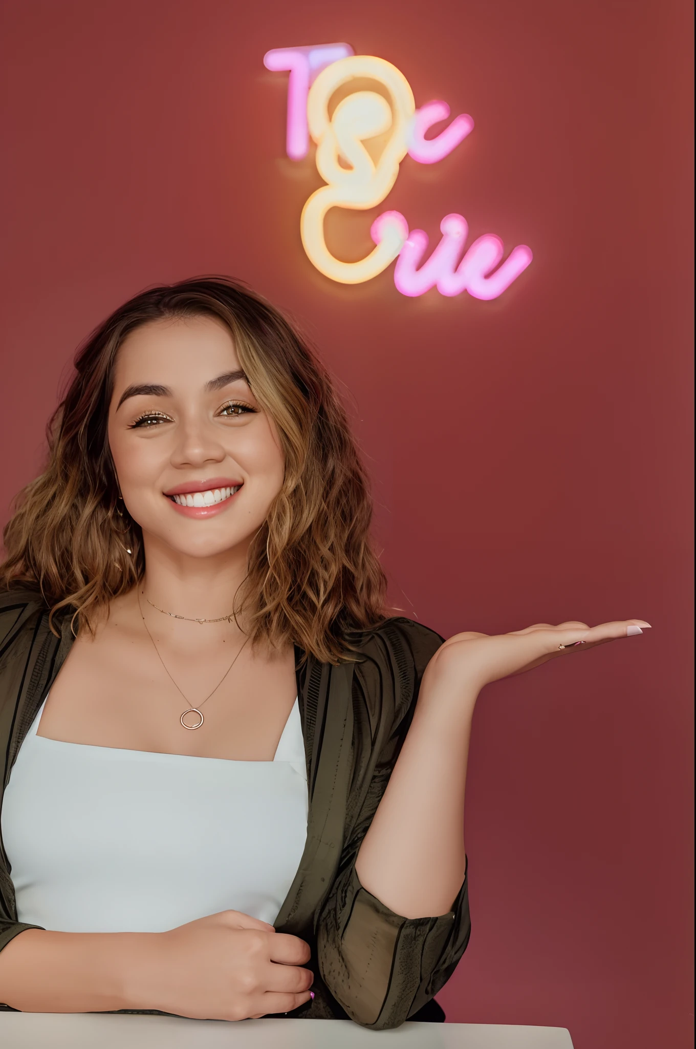 Smiling woman in front of a neon sign with one hand out, imagem de perfil, dramatic smiling pose, Earie configuration, epic pose, imagem promocional, ellie victoria gale, Directed by: Ric Estrada, foto da mulher jovem, Eeri, foto de perfil headshot, foto promocional, taken in the early 2020s, Kailee Mandel, foto promocional, Eeire