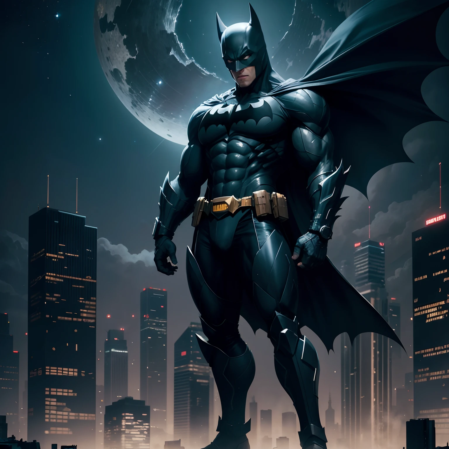 midnight, dark night sky, ruined city, megalopolis, sky scrapers, delicate detailed background, batman, full body, dynamic pose, 1080P