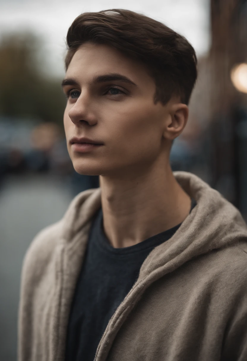 Boy student,adolable,are standing,brunette color hair,Pubic area is clear,white skinned,Wear a sweatshirt,Slim