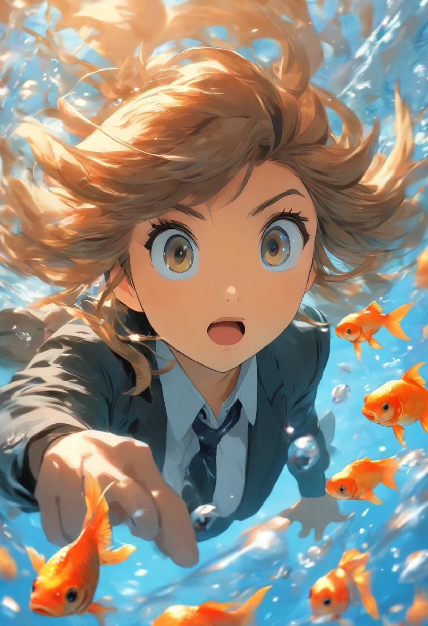 foreshortening, Depth of field, Masterpiece, Best Quality, 1woman, Brown hair, Blue-eyed comrade, Long hair, under water, air bubble, Solo, looking up at viewer, goldfish, Surprised expression, A world of fantasy, under water, dappled sunlight, Black jacket, Grey shirt, Light blue tie