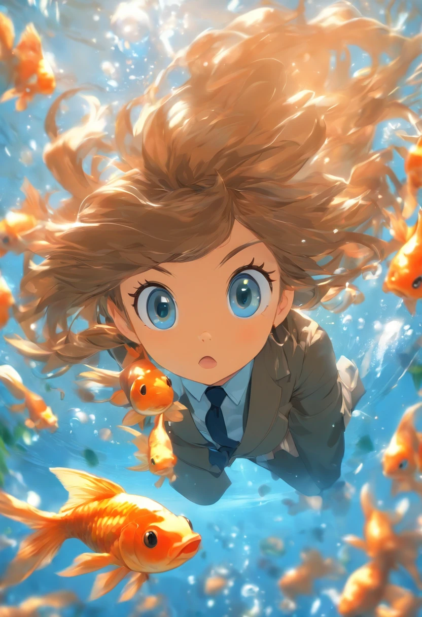 foreshortening, Depth of field, Masterpiece, Best Quality, 1woman, Brown hair, Blue-eyed comrade, Long hair, under water, air bubble, Solo, looking up at viewer, goldfish, Surprised expression, A world of fantasy, under water, dappled sunlight, Black jacket, Grey shirt, Light blue tie