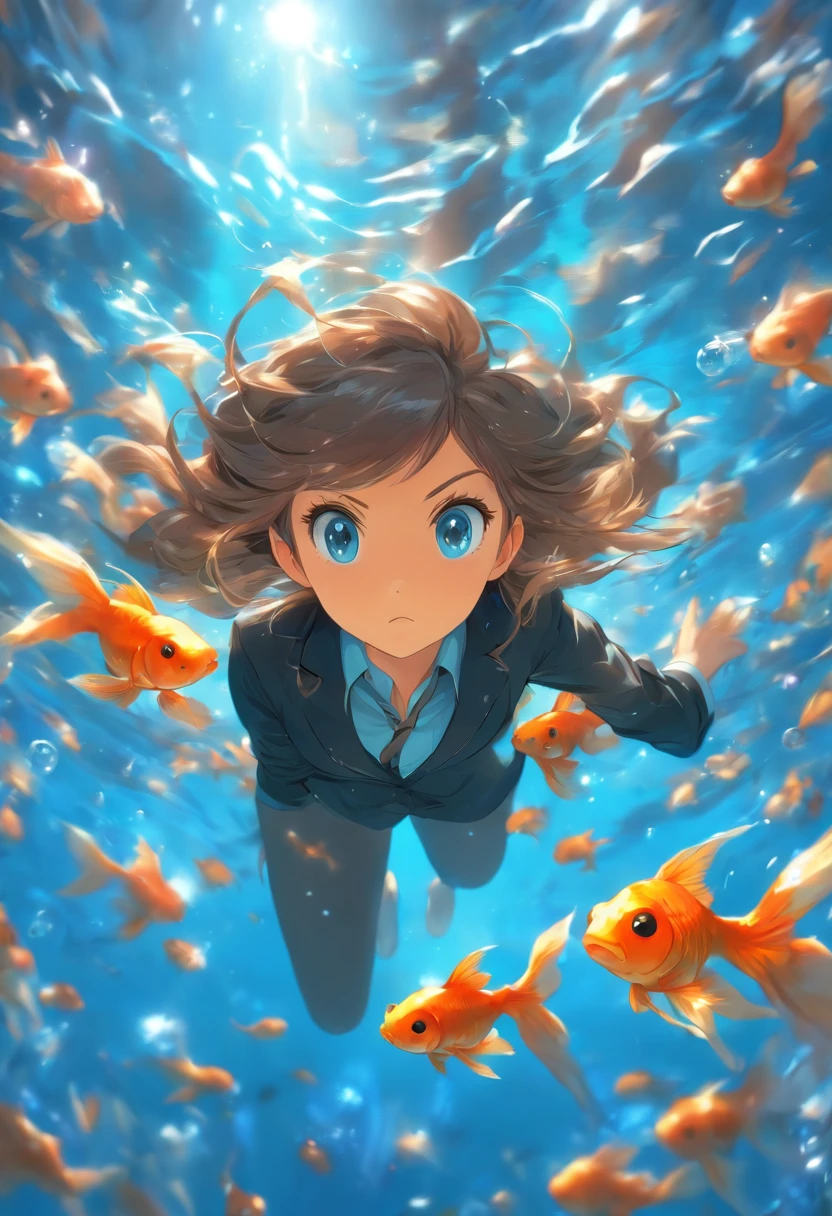 foreshortening,  Depth of field, Masterpiece, Best Quality, 1woman, Brown hair, Blue-eyed comrade,  Long hair, under water, air bubble, Solo, looking up at viewer, goldfish, Surprised expression, A world of fantasy, under water, dappled sunlight, Black jacket, Grey shirt, Light blue tie