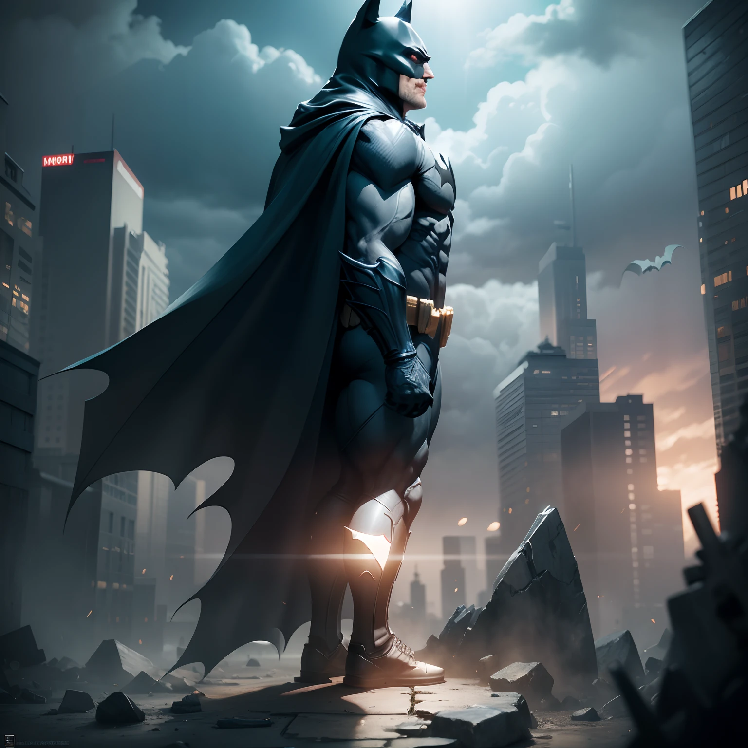 [surreal art, UHD, dark fantasy, scenery, volumetric lighting, depth of field, detailed background : batman, full body, from side, dynamic pose, 1080P : 13]