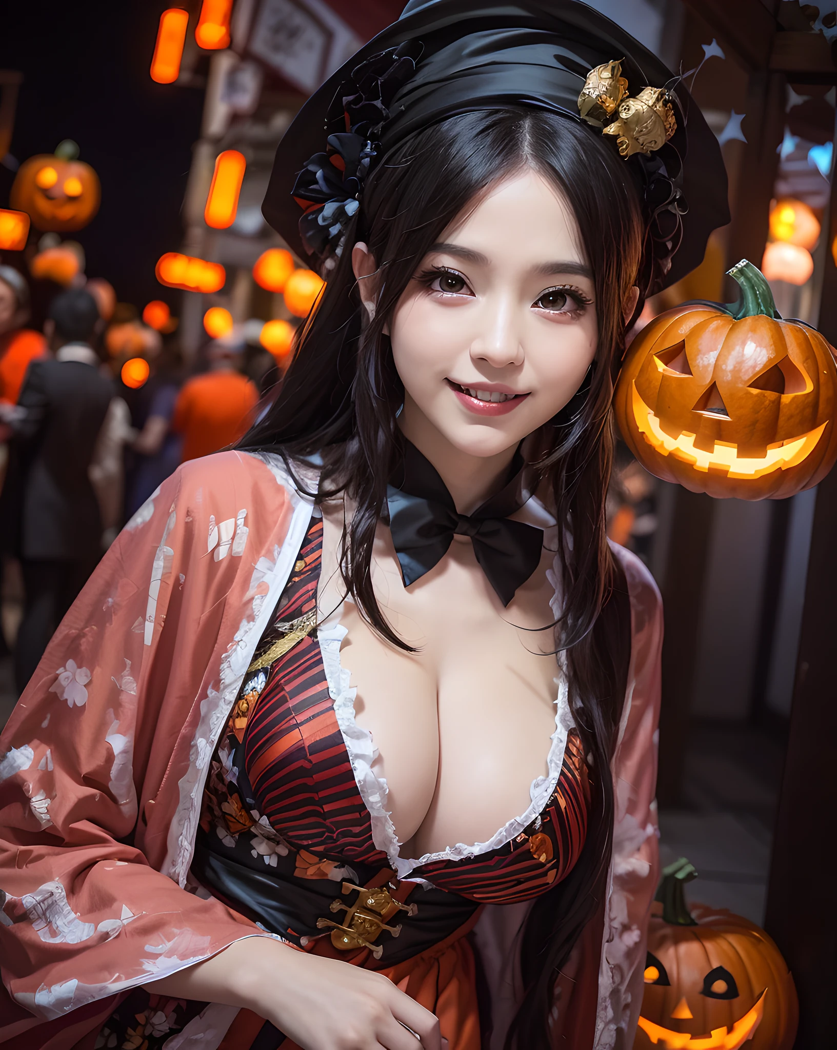 araffe dressed in a costume with a pumpkin and a hat, anime girl cosplay, in a halloween style, cosplay, cosplay photo, anime cosplay, japanese goddess, halloween celebration, trick or treat, ornate cosplay, halloween atmosphere, halloween night, loli, pretty sorceress, ayaka cosplay, cosplayer, chinese girl, full-cosplay, professional cosplay