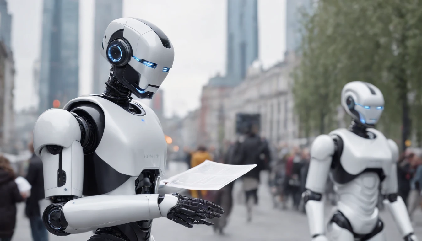 Robots handing out flyers to humans in modern futuristic city, Imagem hiper-realista Full HD, 4k.