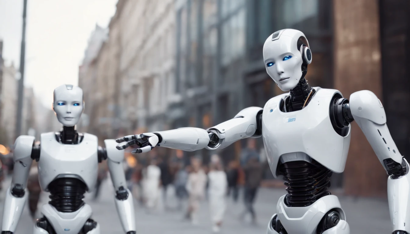 Robots handing out flyers to humans in modern futuristic city, Imagem hiper-realista Full HD, 4k.