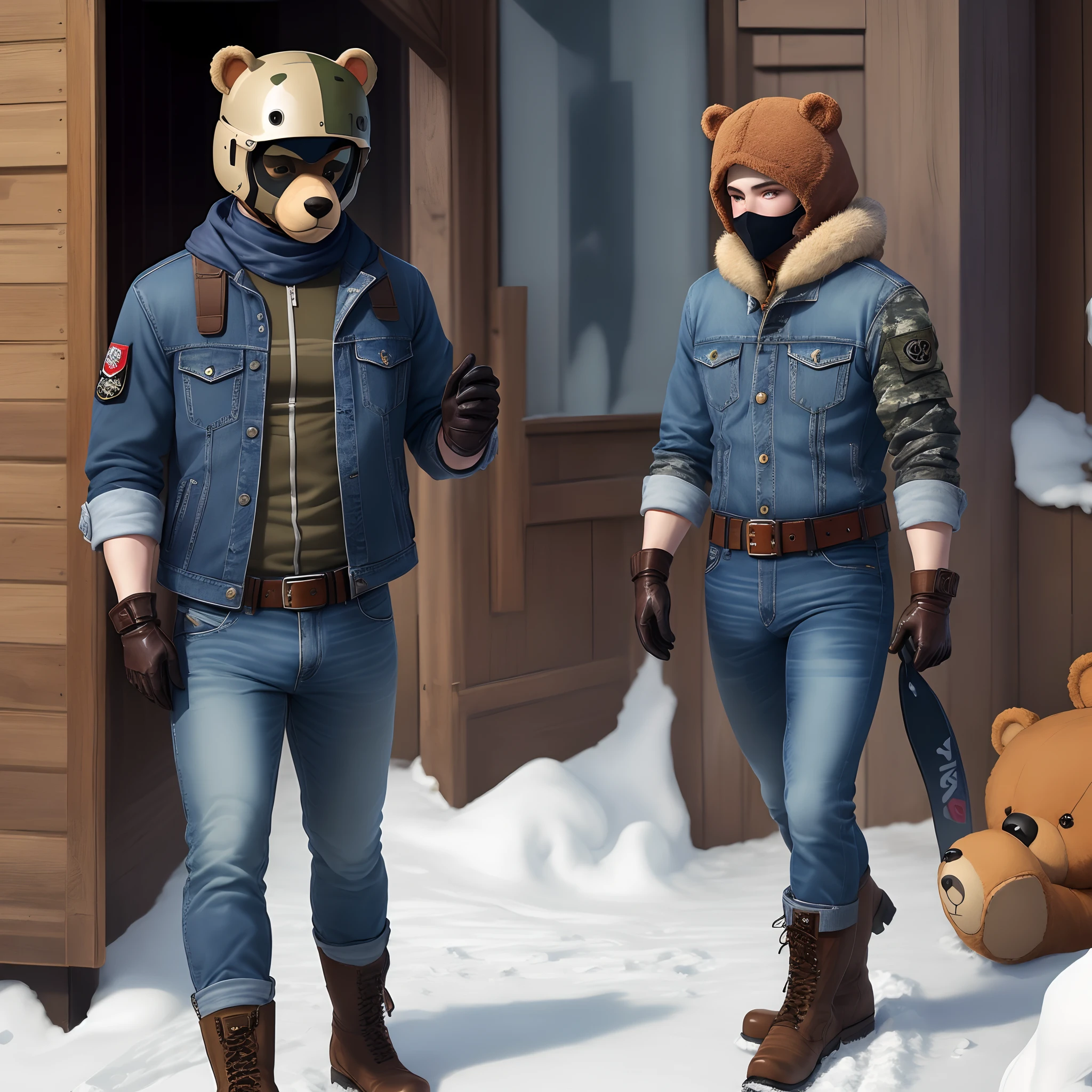 Civilian dressed for the apocalypse (camo jacket,belt,dark blue jeans, leather gloves,stalhem helmet,boots,ski mask with a painted bear face design)