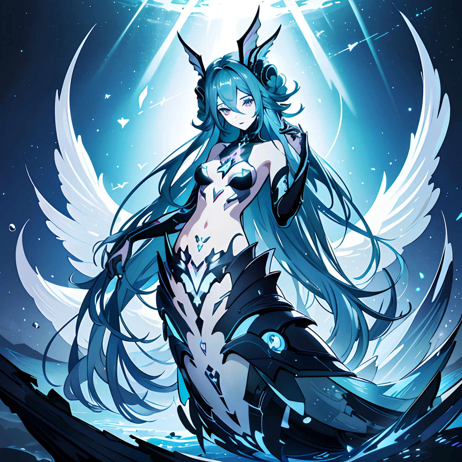 masterpiece, Lamiapgr, best quality, masterpiece, amiapgr, blue_lipstick, blue_eyeliner, symbol-shaped_eyes, multicolored_hair, detached collar, head fins, hand on own head, hand up, head tilt, holographic interface, Mermaid tail, mermaid, mermaid.full body, Lamiapgr, blue lipstick