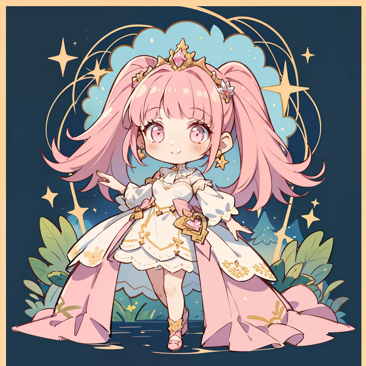 1girl in, fullllbody, Character Design, Pink-haired prince with heart tiara, florals, Star Accessories, High quality, Wide Shot, Detailed background of the Enchanted Forest、A slight smil