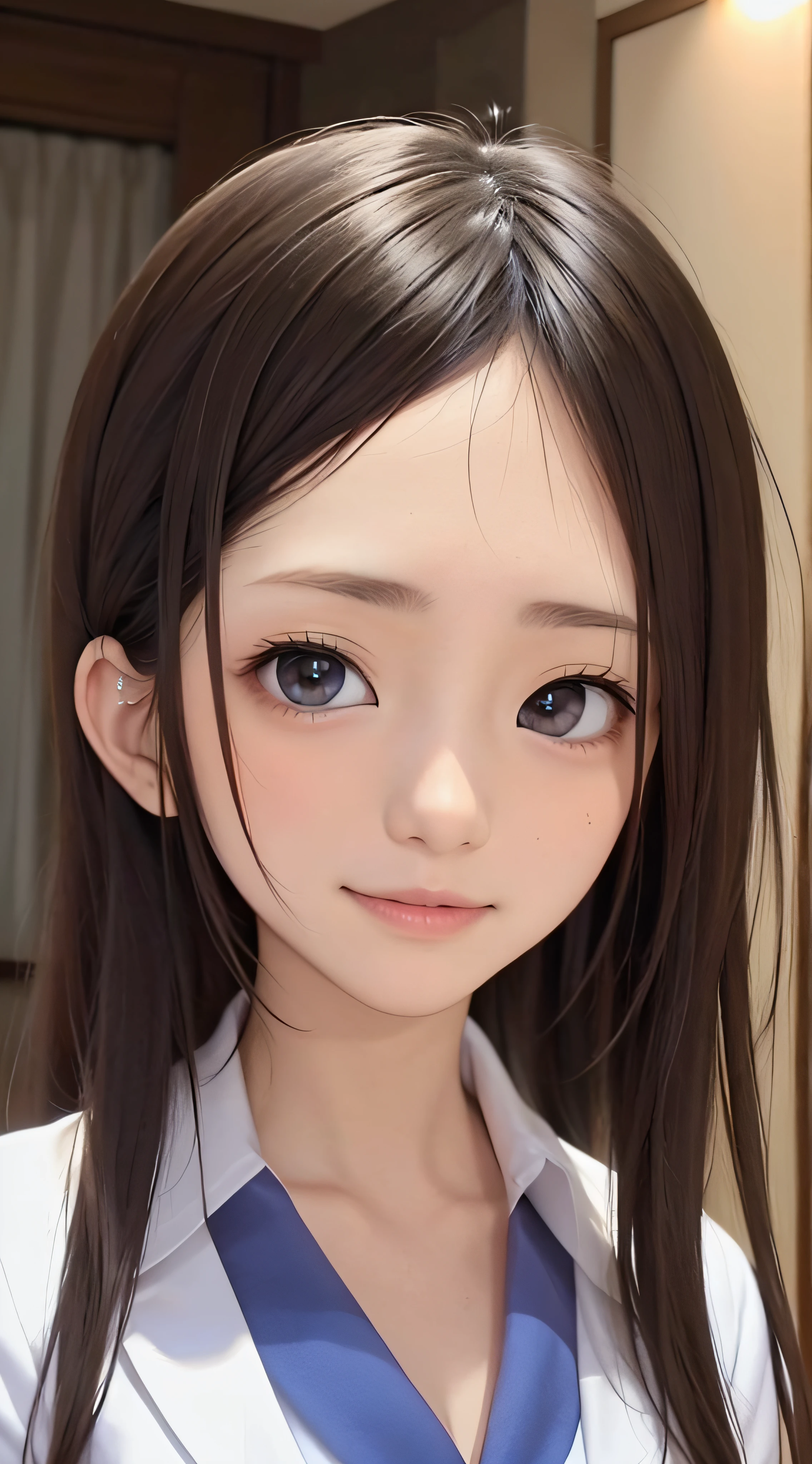 ars、brown haired、beautidful eyes、real looking skin、hi-school girl、a sailor suit、small tits、(8K、​masterpiece)、(reallistic、Photorealsitic)、top-quality、ighly detailed、The ultra-detailliert、Beautie、cute little、japanes、Idol、a smile、Close-up portrait、Healthy face