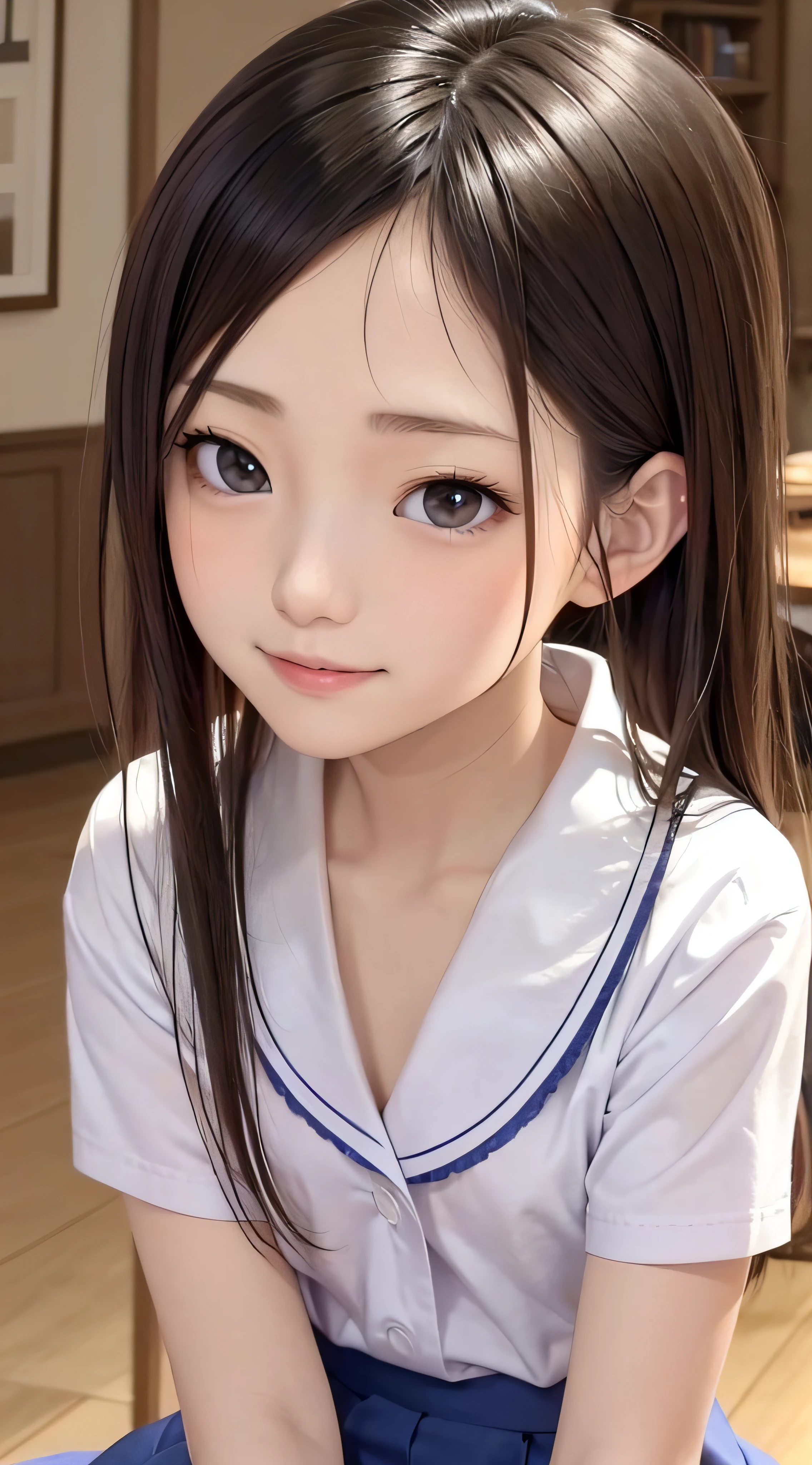 13years、brown haired、beautidful eyes、real looking skin、hi-school girl、a sailor suit、small tits、(8K、​masterpiece)、(reallistic、Photorealsitic)、top-quality、ighly detailed、The ultra-detailliert、Beautie、cute little、japanes、Idol、a smile、Close-up portrait、Healthy face