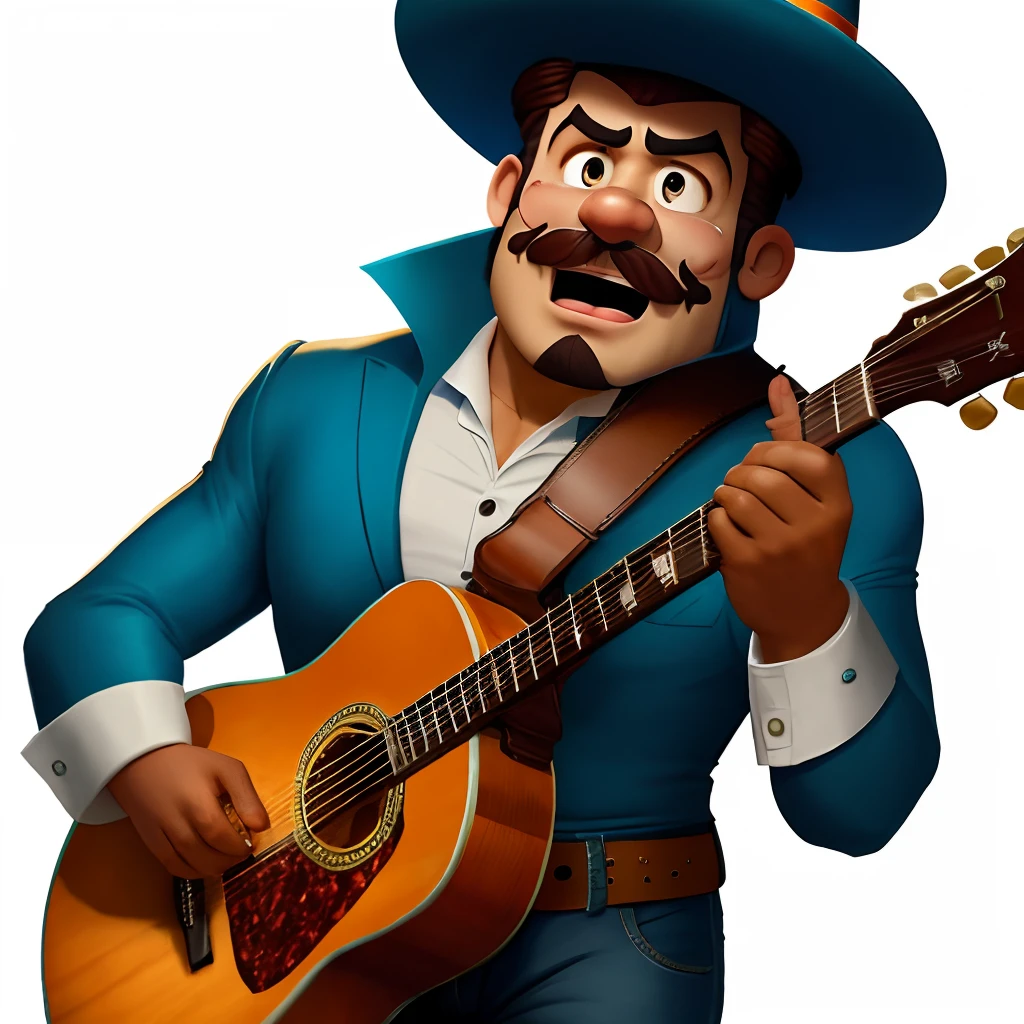 Cartoony Mexican man with sombrero playing a guitar