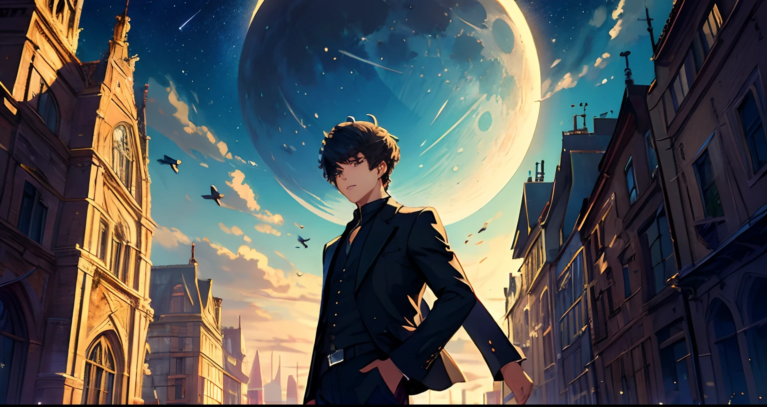 (masterpiece:1.5), (ultra-detailed), (extremely detailed CG, ultra-detailed, best shadow:1.1), 1boy, solo, fantasy, night sky, outdoors, magic, moon, stars, clouds, wind, short hair, focus on subject, extremely detailed eyes, shadow on face, mysterious, hyper detailed, texture, detail, realism, depth, perspective, special effects, composition, scale, foreground, middle ground, background, perspective, light, color, texture, detail, beauty, wonder, mature young man, fantasy city
