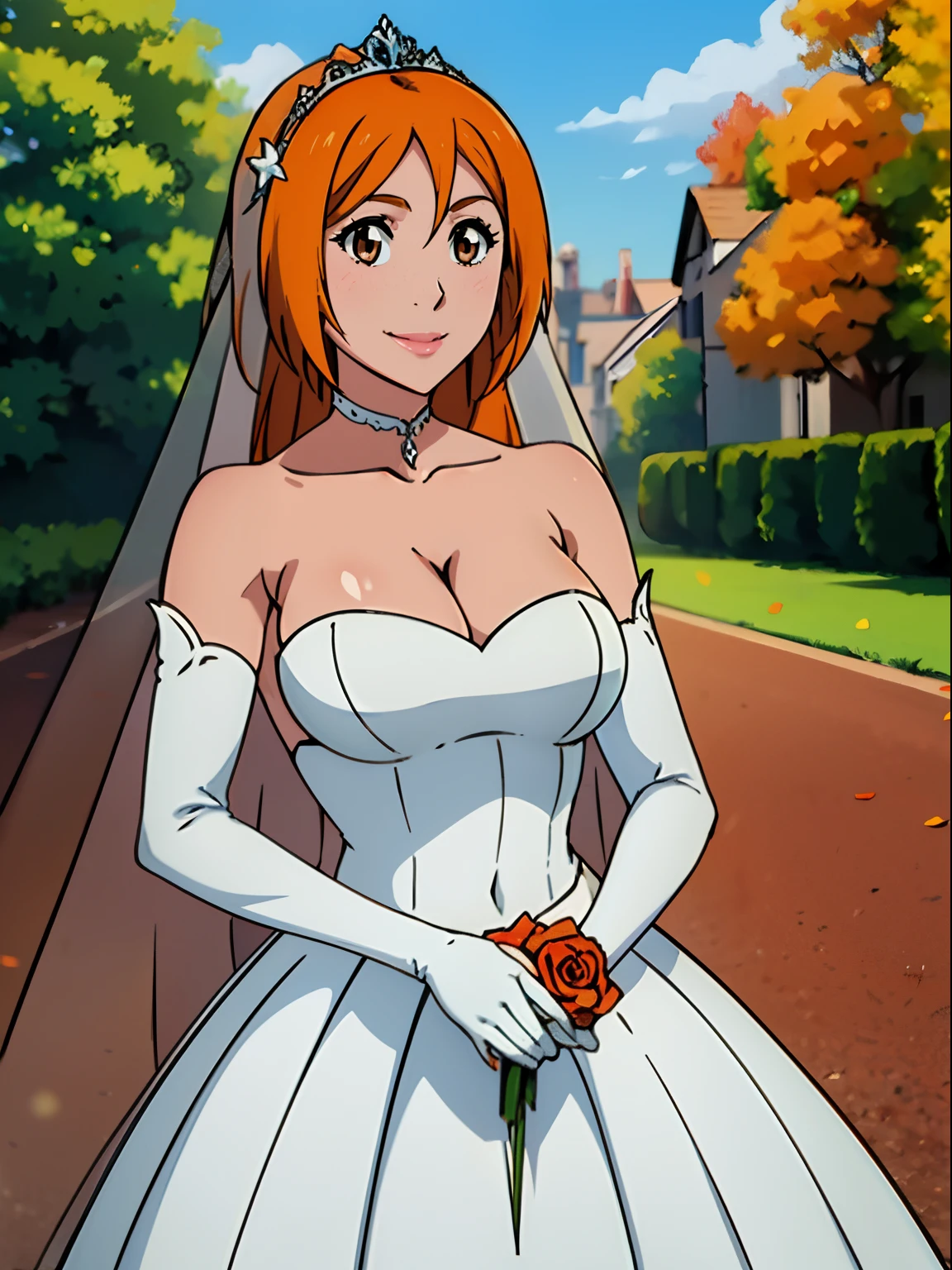 1girl hair between eyes, ahoge, brown eyes,orange hair, star \(symbol\), hair ornament, dress, cleavage, bare shoulders, collarbone, long white elbow gloves, white gloves, white dress, white choker, strapless, tiara, veil, strapless dress, wedding dress, bridal veil, beautiful woman, perfect body, perfect breasts, wearing a wedding dress, ball gown, in the park trees, wedding decorations, a in love smile, realism, masterpiece, textured skin, super detail, high detail, high quality, best quality, 1080p, 16k