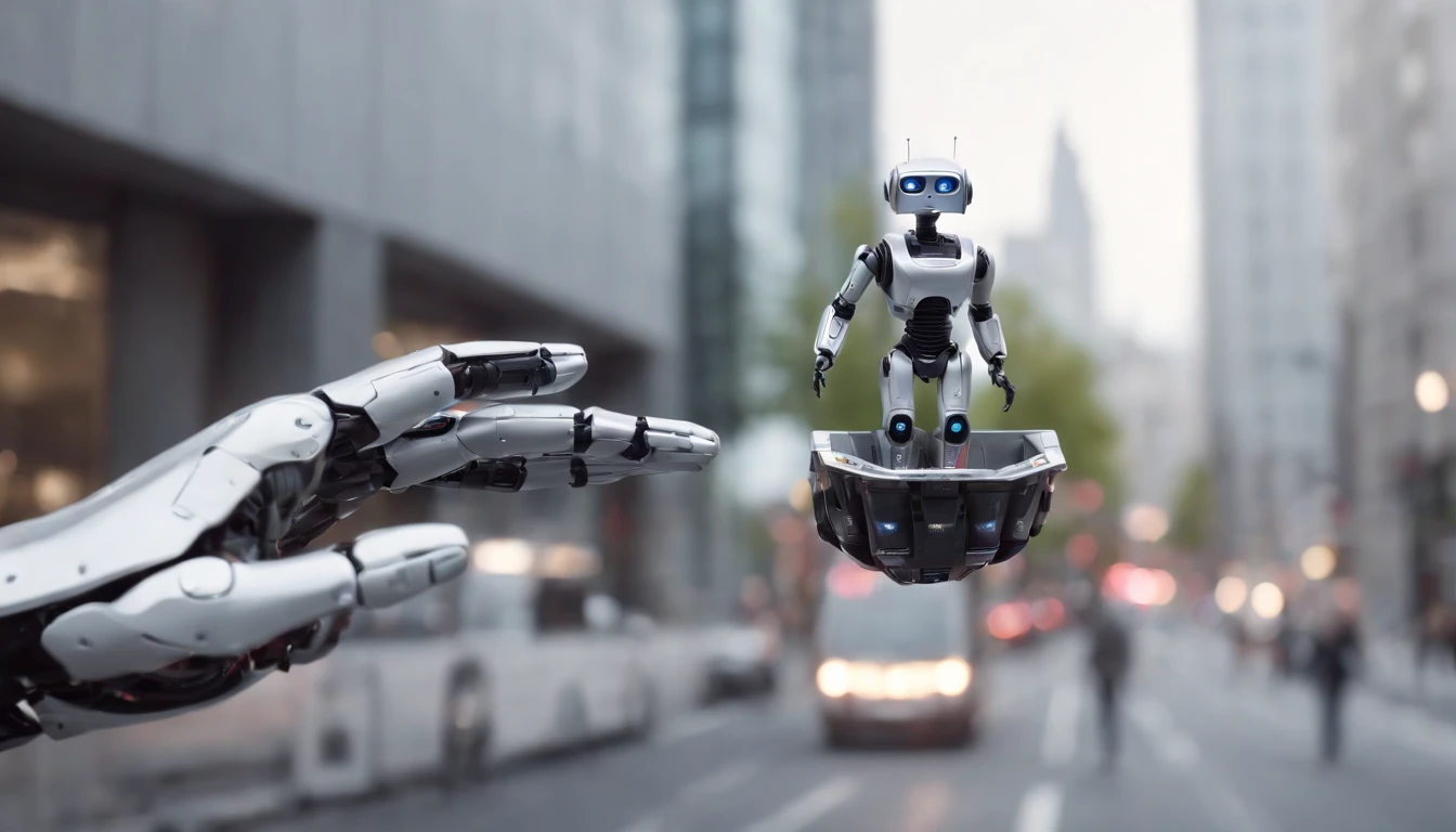 Robot delivering flyer in human hand in modern futuristic city, Imagem hiper-realista Full HD, 4k.