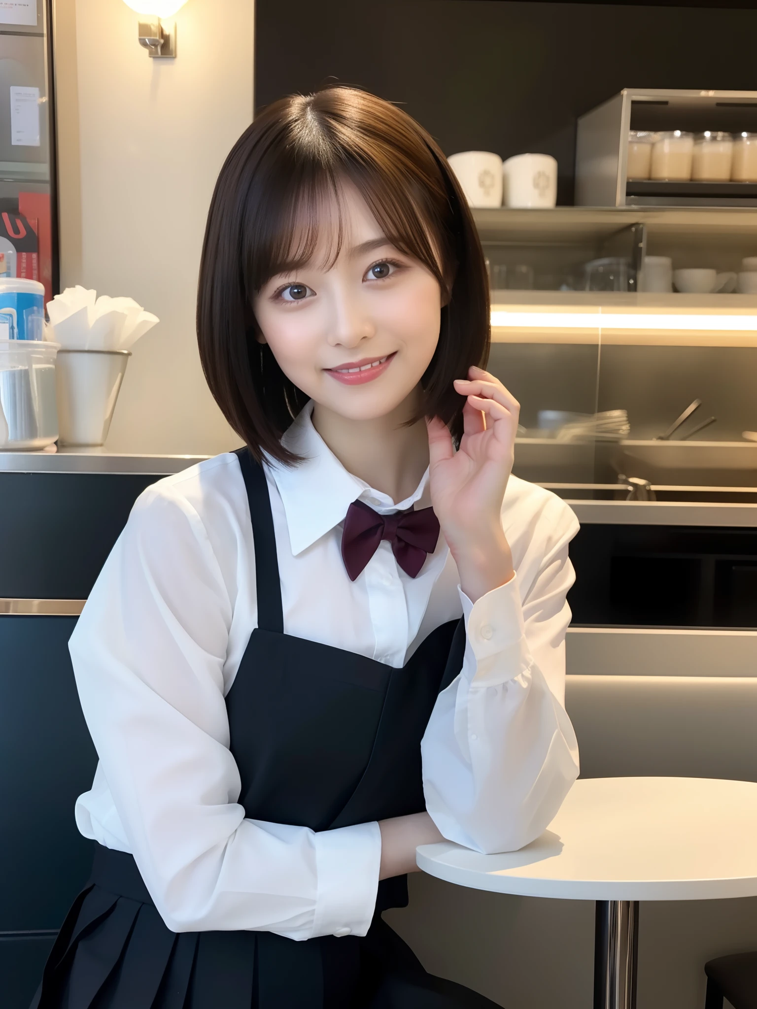 (8K, RAW photos, top quality, masterpieces: 1.2), (realistic, photorealistic: 1.37), ultra high definition, one girl, cute, solo, beautiful sky, detailed café, night, sitting, dating, (blusher), (smile: 1.1), (closed), big, beautiful eyes, (collared shirt: 1.1), bow tie, pleated skirt, (short hair: 1.2), Floating Hair