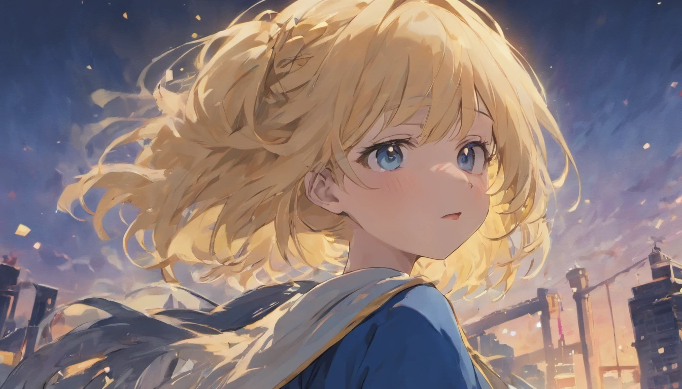face closeup, Crying expression, 2 navy blue hair bridges, Long side hair, short-hair, a blond, civilian, Pretty Skies, Backlit