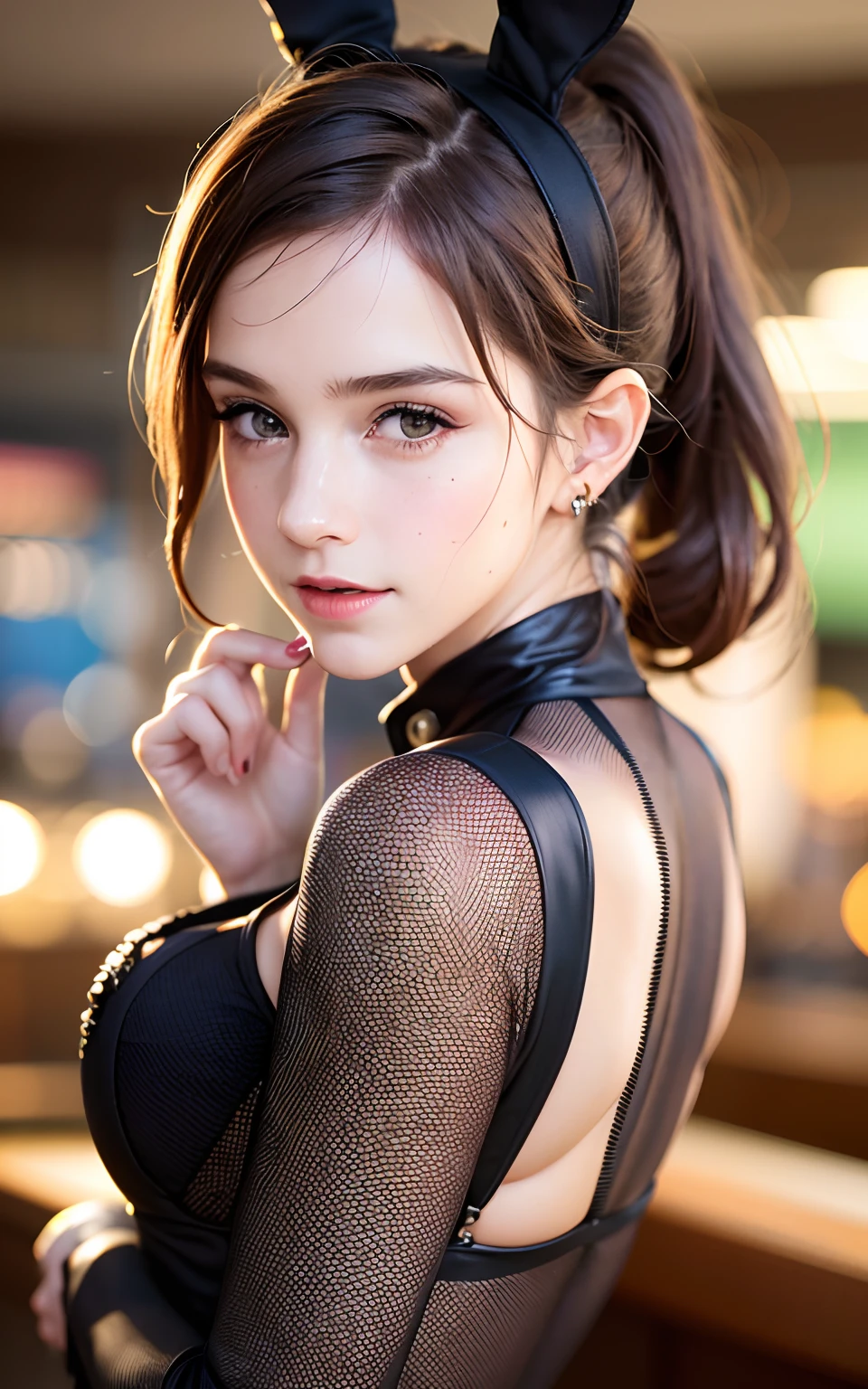 (Realistic, Photorealistic: 1.37), (8k, RAW Photos, Best Quality, Masterpiece: 1.2), Very Cute Woman, Ultra Detailed, Heart-Shaped Pupil, Physically Based Rendering, Ultra High Resolution, Kodak Vision Color, Shot with Arricam LT Camera, Bokeh, Sharp Focus, ((Correct Anatomy: 1.2)), ((Emma Watson)) Watch Viewer, Real, Solo, Photorealistic, top quality, highly detailed face, (sequins, black bunny suit, rabbit ear shaped hairband: 1.2)), ponytail, highly detailed eyes and face, beautiful detailed eyes, double eyelids, (((unforgettable smile: 1.2)), red cheeks, hair fluttering in the wind, ((upper body)), (casino, background blur)), big, cute random pose, titties, view from behind
