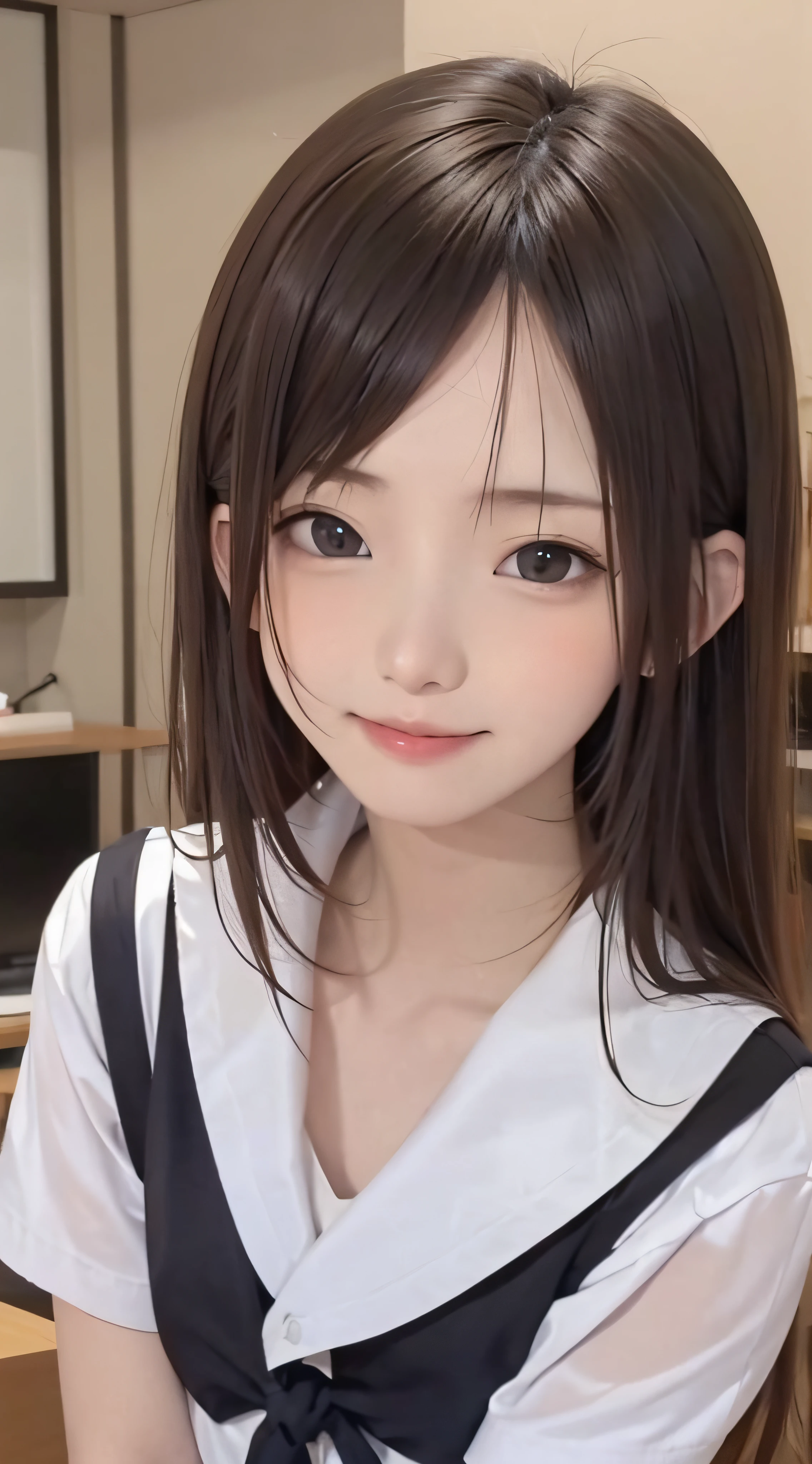 (Background white、White background、The background is all white)、4ars old、brown haired、beautidful eyes、real looking skin、hi-school girl、a sailor suit、small tits、(8K、​masterpiece)、(reallistic、Photorealsitic)、top-quality、ighly detailed、The ultra-detailliert、Beautie、cute little、japanes、Idol、a smile、ssmile、Close-up portrait、Healthy face