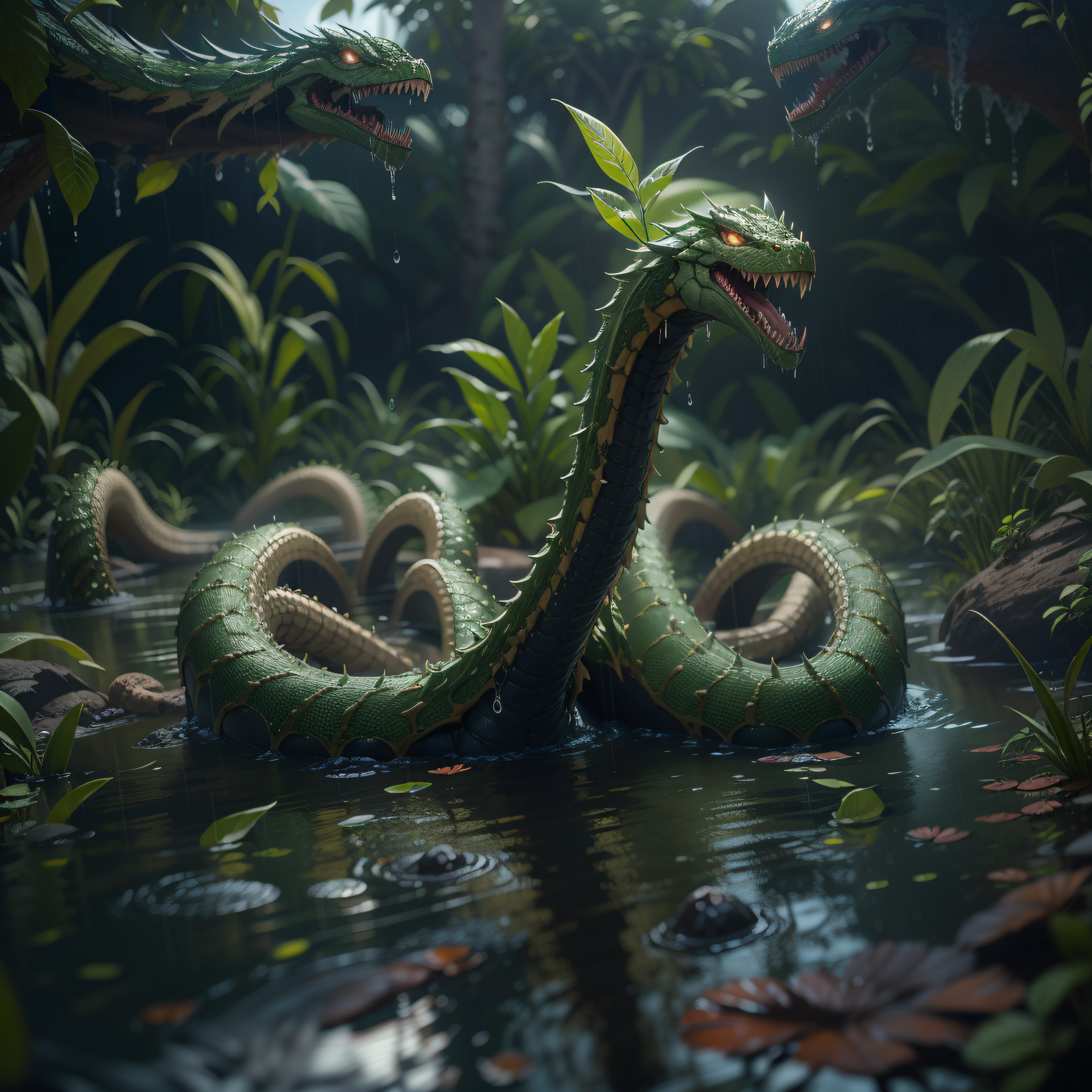 (an hydra emerging from a swamp), rain, vray style, intricate detail, vivid, vibrant, sharp, digital illustration, dynamic lighting, composition, insane quality, masterpiece. intricate, insanely detailed, Unreal engine 5 rendering, ultra realistic, high sampling, high pixel count, extreme details, AAA level, cinematic lighting, volumetric lighting, global illumination, octane render, vray tracing, expensive commercial retouching, commercial post production, post processing, hdr, 32k