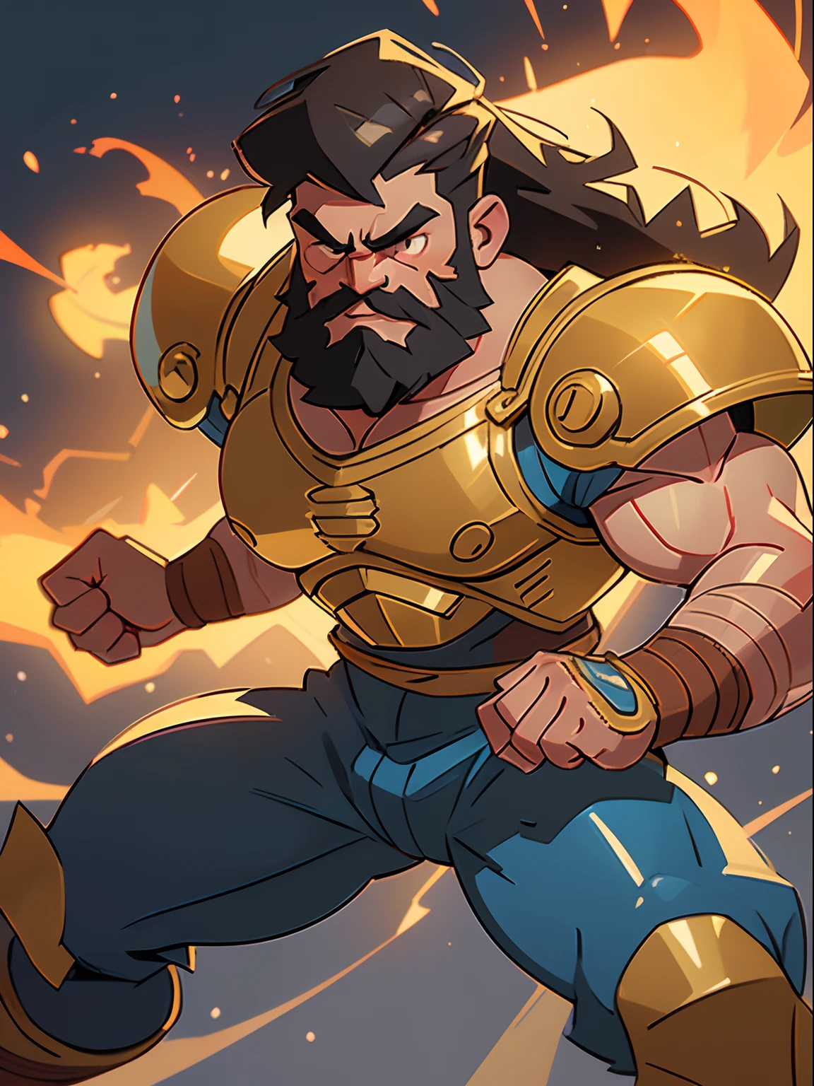 (best quality,ultra-detailed:1.2),cartoon style,bearded macho man,golden warrior,strong muscles,veins popping,buff,explosive power,energetic stance,dominant presence,dynamic movement,strong jawline,intense gaze,brave and fearless,shiny armor,glowing aura,vivid colors,warm and inviting lighting,captivating expression