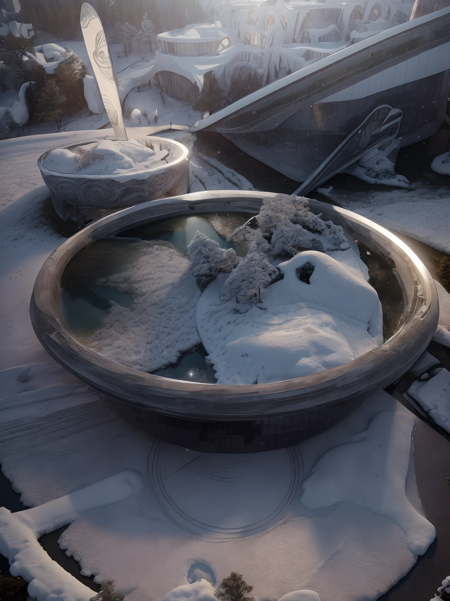 exterior, winter palace, building in Nordic, classical architecture, sharp details,overall perspective, night light, with snow, located in the woods, high rocky mountain landscape, there is water, white wall paint, stone material, paved walkway, big grass, photo quality high, 8k photo, render vray