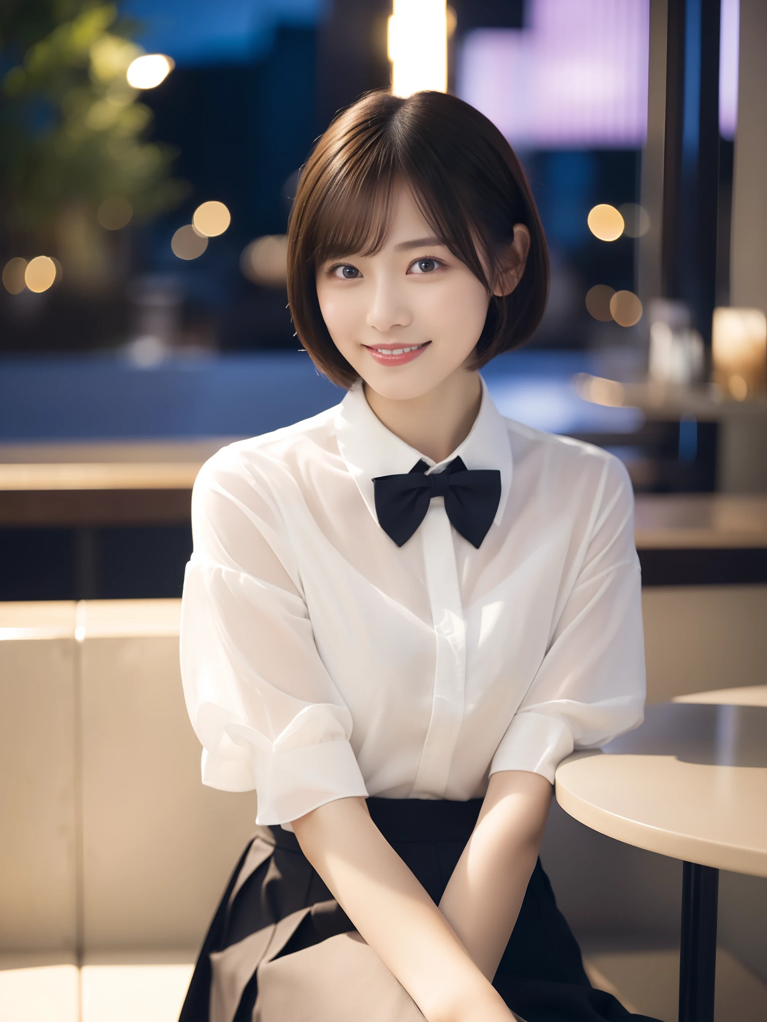 (8K, RAW photos, top quality, masterpieces: 1.2), (realistic, photorealistic: 1.37), ultra high definition, one girl, cute, solo, beautiful sky, detailed café, night, sitting, dating, (blusher), (smile: 1.1), (closed), big, beautiful eyes, (collared shirt: 1.1), bow tie, pleated skirt, (short hair: 1.2), Floating Hair