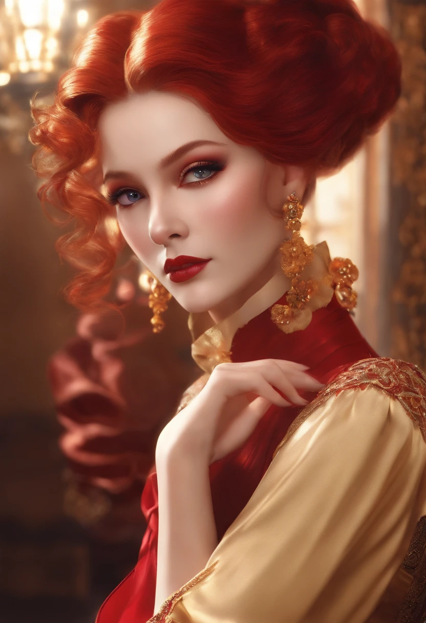 Mature anime woman, crimson hair, yellow eyes, hair in bun, pearls in hair, red Victorian dress, gold eyeshadow, glossy lips, long eyelashes