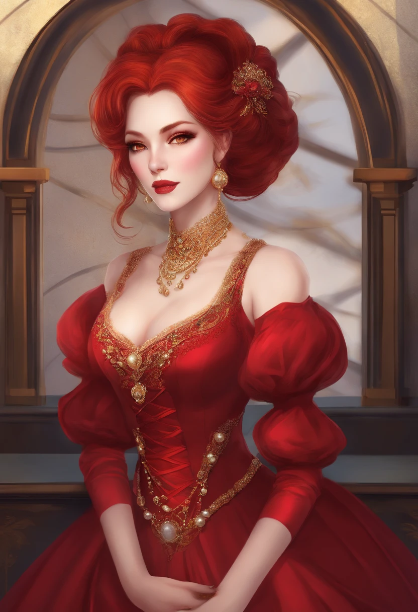 Mature anime woman, crimson hair, yellow eyes, hair in bun, pearls in hair, red Victorian dress, gold eyeshadow, glossy lips, long eyelashes