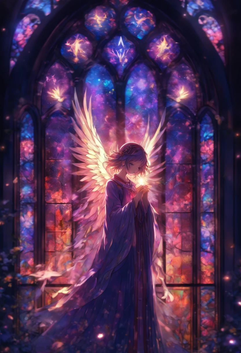 stain glass (High transparency.Fine。The Angels Who Descended。realisitic(, Delicate, High quality, Clear, Vivid, High transparency.shine. stain glass。disorderly)、。trickart.。Gloomy night。telephoto lens。Mystical light