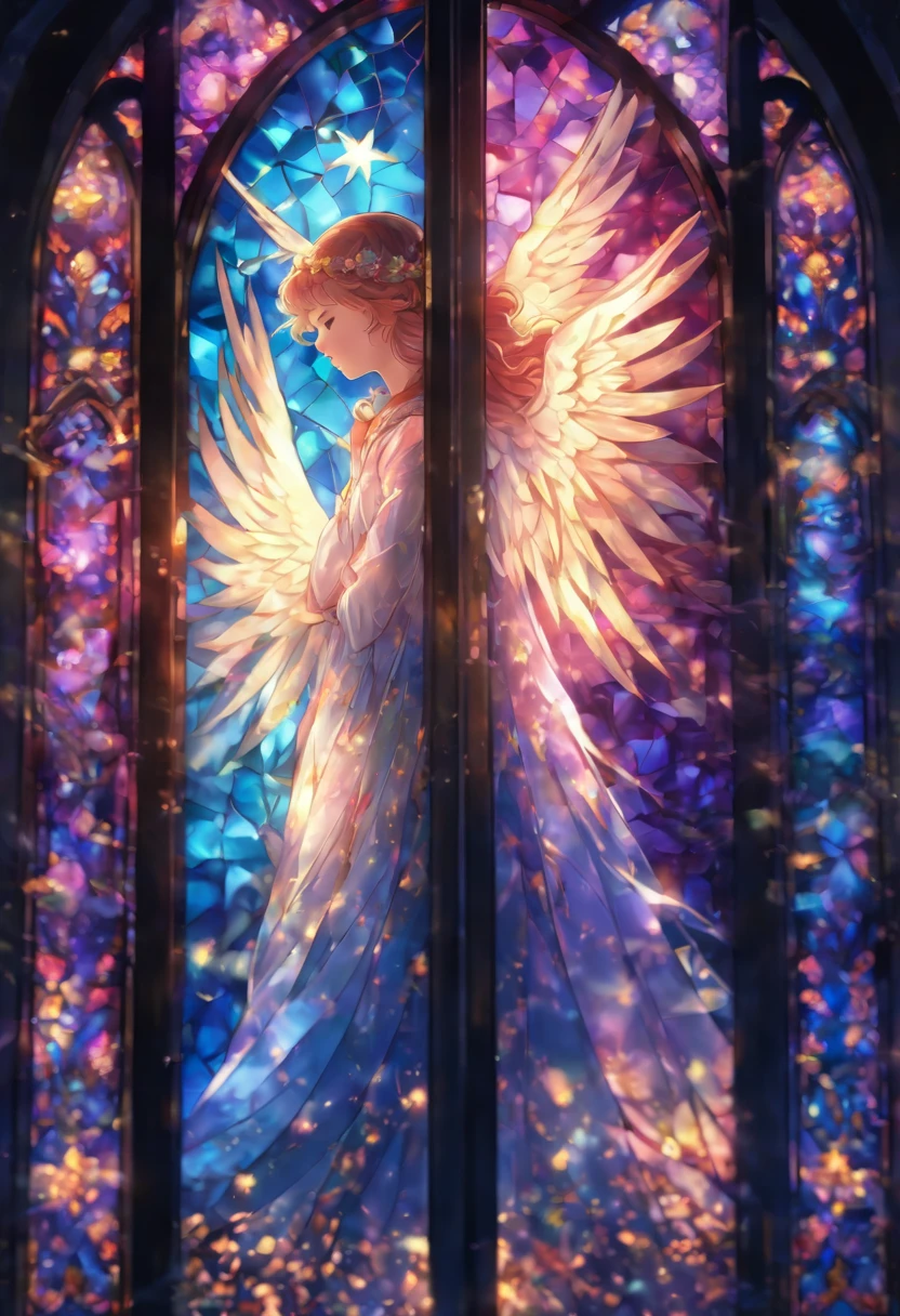 stain glass (High transparency.Fine。The Angels Who Descended。realisitic(, Delicate, High quality, Clear, Vivid, High transparency.shine. stain glass。disorderly)、。trickart.。Gloomy night。telephoto lens。Mystical light
