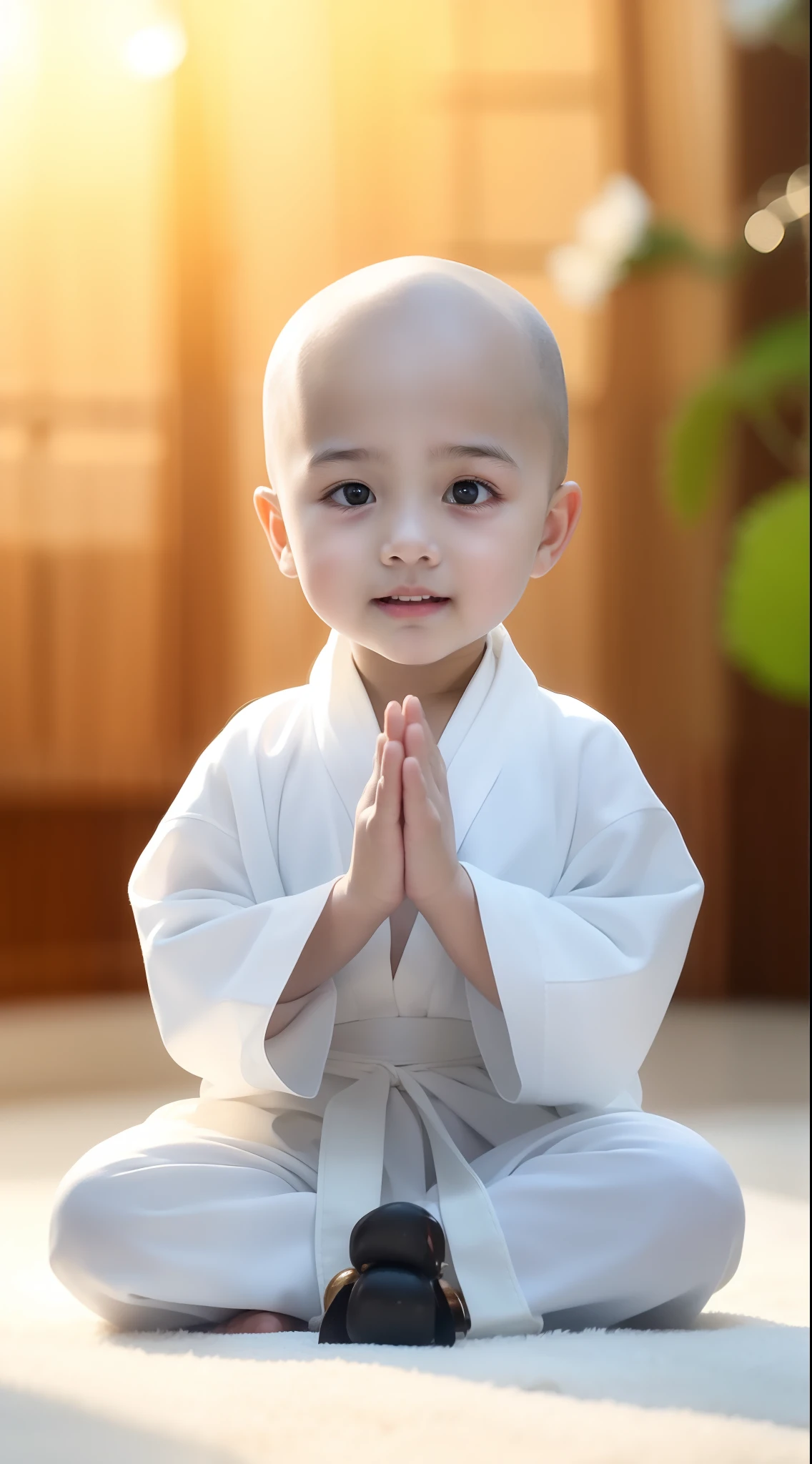 Close-up of a child sitting on the ground in a white robe, he is greeting you warmly, dressed in simple robes, peaceful expression, prayer meditation, blessing hand, wearing nun outfit, peace, wearing white robes with!, very calm and wholesome, a serene smile, young wan angel, Serene expression, Buddhist, wearing white robes with, yanjun cheng,bald-headed