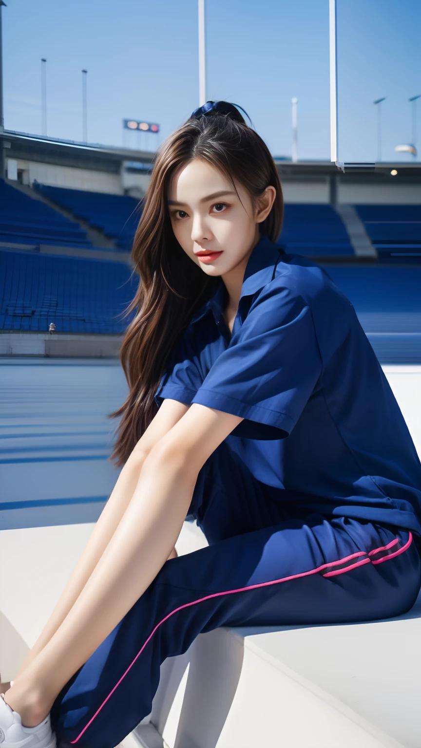 (bestquality,10,10,highres,masterpiece:1.2),ultra-detail,(Realistic,photorealistic portrait,photo-realistic:1.37),1 cute girl sitting on the football field,oily shiny skin,bara,light smile,BDclothes,((blue shirt:1.3)),short sleeves,shirt, trousers.,(navy_long_Pants Track:1.1), ((Stadium Background:1.3)),dynamic angle,excited,face focus,Dynamic Poses,from behide,Ass Focus,masterpiece, bestquality, ultra realistic, hyper-detail, 8k resolution, RAW photo, crisp focus, ((Navy blue shirt:1.1)), short sleeves, Long Path, Perfect body, 2 mature women, 18yo, cinematic light,Blue sweatpants,Gymware,Correct anatomy,Complete body, Correct body, sharp face, Anatomically correct body, full entire body, Realistic gestures, long-haired, Realistic poses,Wear long shorts......................,Long leg span,Shapely,Sculpting Girl, Slender Figure, mannequin mannequins, Shapely, Beautiful body,Blue sweatpants