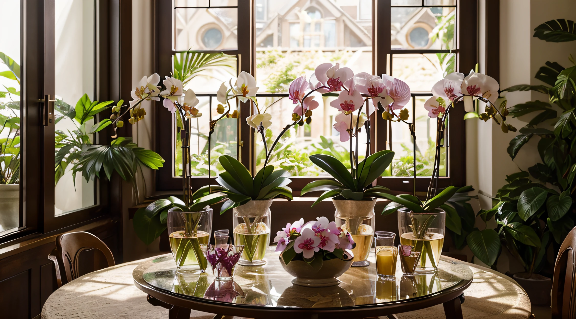High quality,Ultra-high-resolution orchid illustration,Panoramic view of the interior garden and courtyard style,Bright and detailed orchid and botanical textures,Additional warm sunlight shines through the glass windows,Creates a comfortable effect of light and shadows,detail-rich,Including the petals of orchids、leafs、stems, etc,vibrant with colors、vividness,Highlight the beauty and mystery of orchids,The artistic style highlights the elegance and sophistication of the floral illustrations,The color of the orchid is white、Pink and purple are dominant,With soft color adjustments,The whole picture presents a soft atmosphere and a feeling of being close to nature。