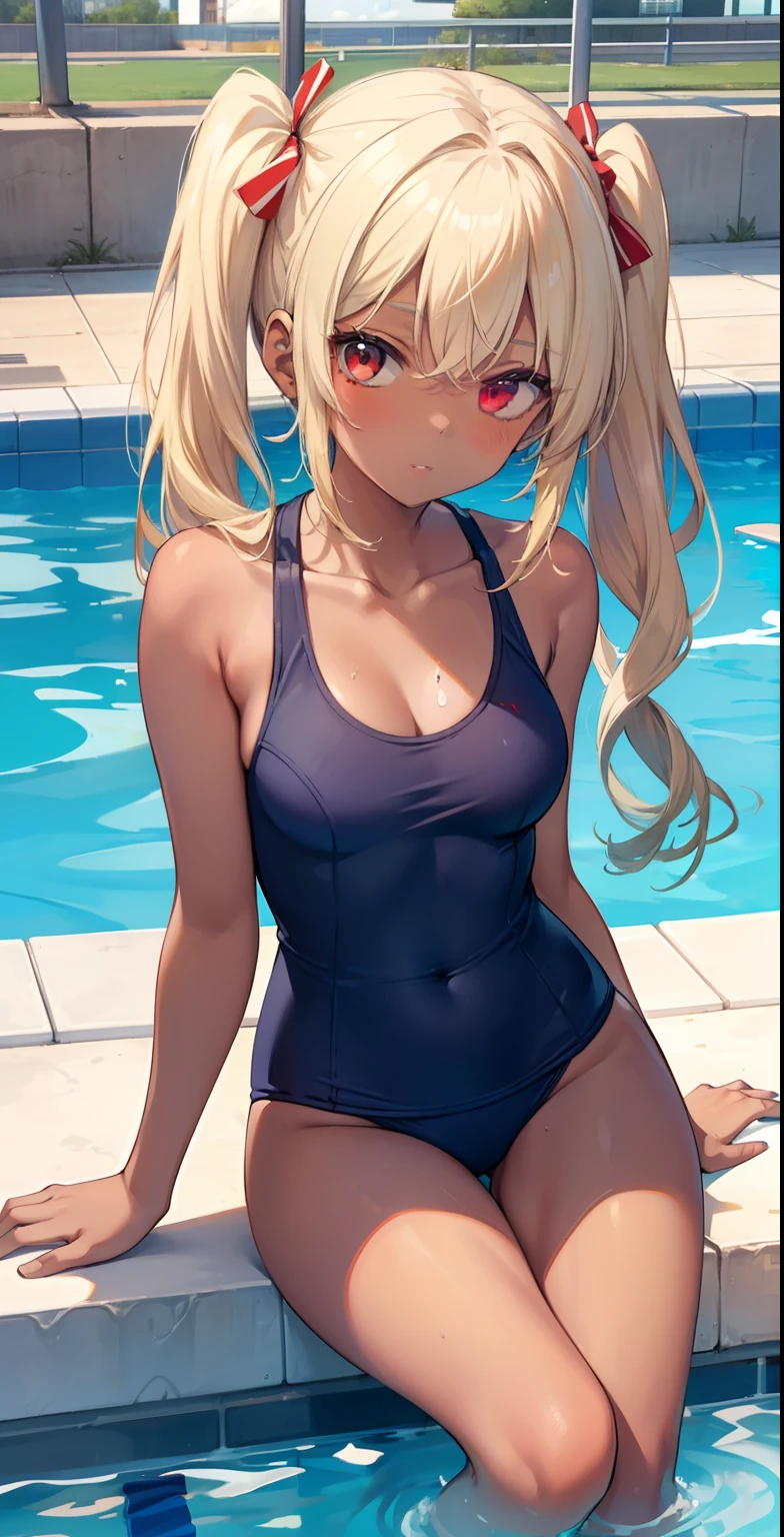 (masterpiece: 1.2, best quality), 1 lady, solo, school swimwear, school pool, day, sit on pool, blonde, twintails, red eyes, open collarbone, dark skin, (open breasts: 1.1) ,