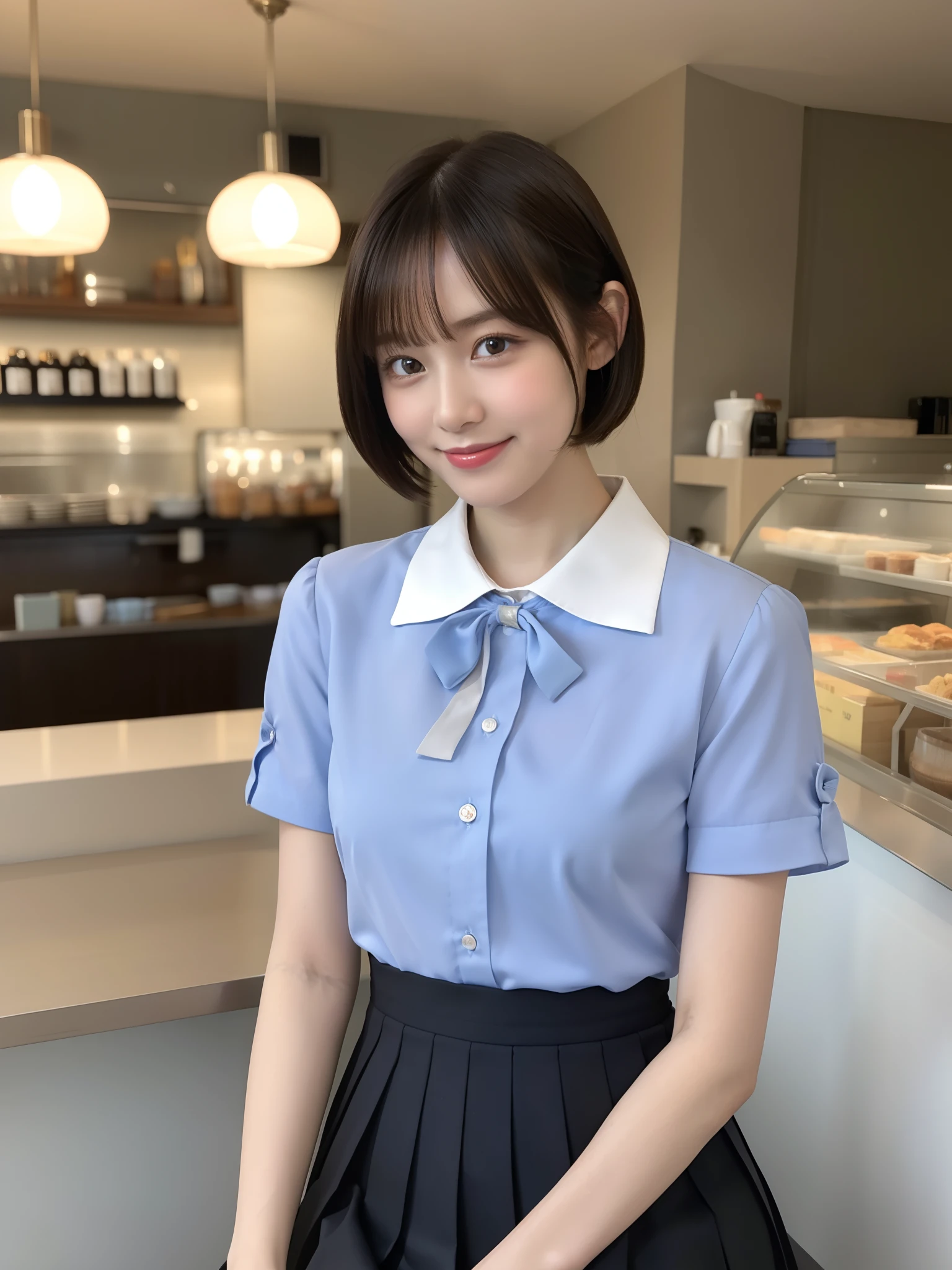 (8K, RAW photos, top quality, masterpieces: 1.2), (realistic, photorealistic: 1.37), ultra high definition, one girl, cute, solo, beautiful sky, detailed café, night, sitting, dating, (blusher), (smile: 1.1), (closed), big, beautiful eyes, (collared shirt: 1.1), bow tie, pleated skirt, (short hair: 1.2), Floating Hair