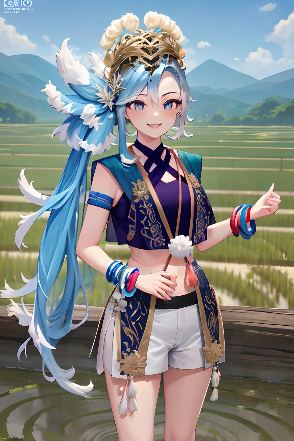 masterpiece, best quality, absurdres, perfect anatomy, 1girl, solo, Kobo3rd, side ponytail, bracelet, hair ornament, blue shirt, sleeveless, midriff, white shorts, standing, river, beautiful mountain background, ricefield, smile, outdoors,wear Indonesian traditional dress