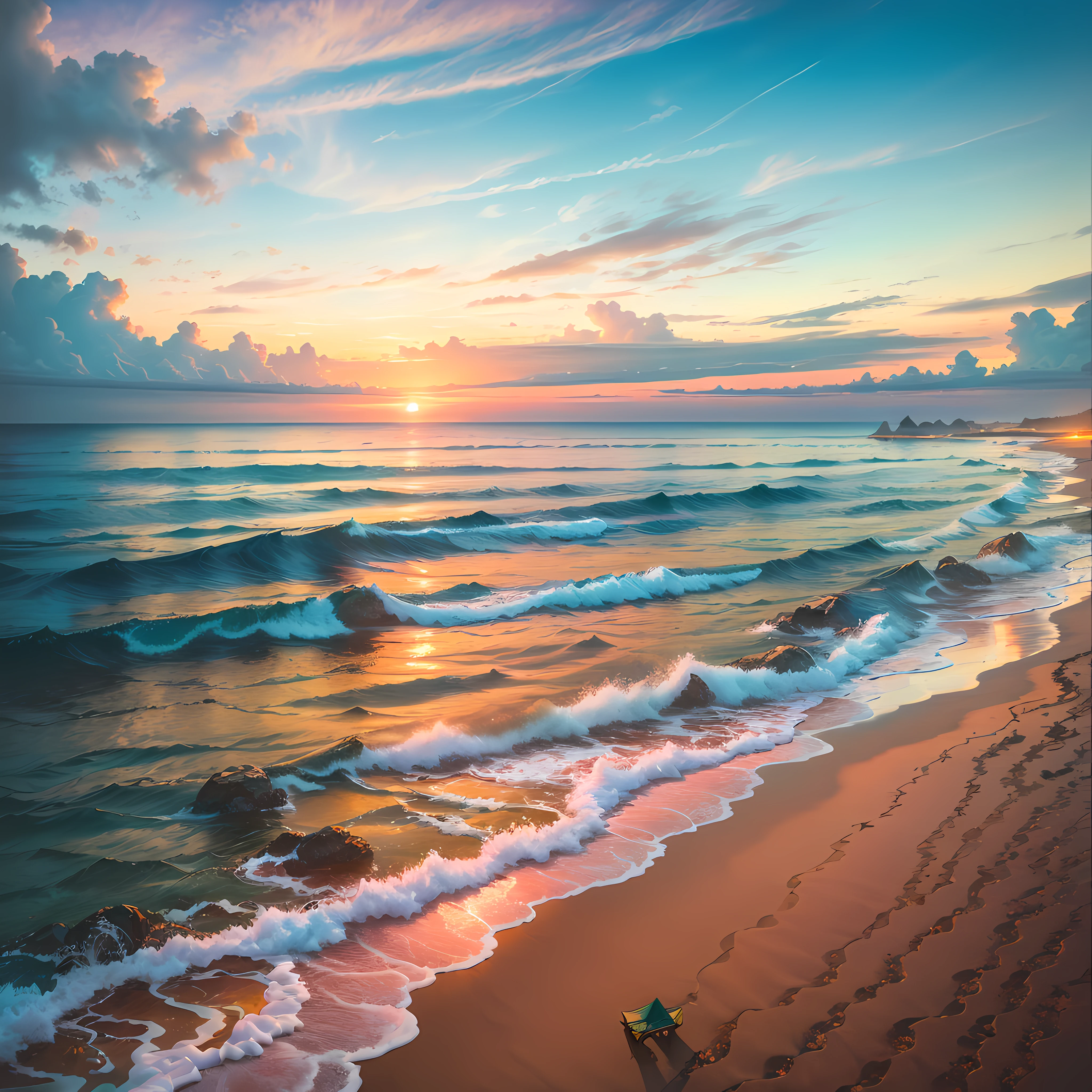 (Best quality,4K,8K,A high resolution,Masterpiece:1.2),(Ultra-detailed,(Realistic,Photorealistic,photo-realistic:1.37), Grand scenery,sandbeach,Spectacular,Sunset,big breasts enchanting,sky,(Orange:1.1),(Pink:1.1),(Yellow:1.1),crystal-clear water,gentle kiss,Shore,Endless white sand beaches,vibrant,astounding,Dynamic,palmeiras,Sway gently,immersed,Tranquil atmosphere,serene environment,(in a panoramic view),Infinite horizon,landscape/scenery, (Expansive ocean:1.4)