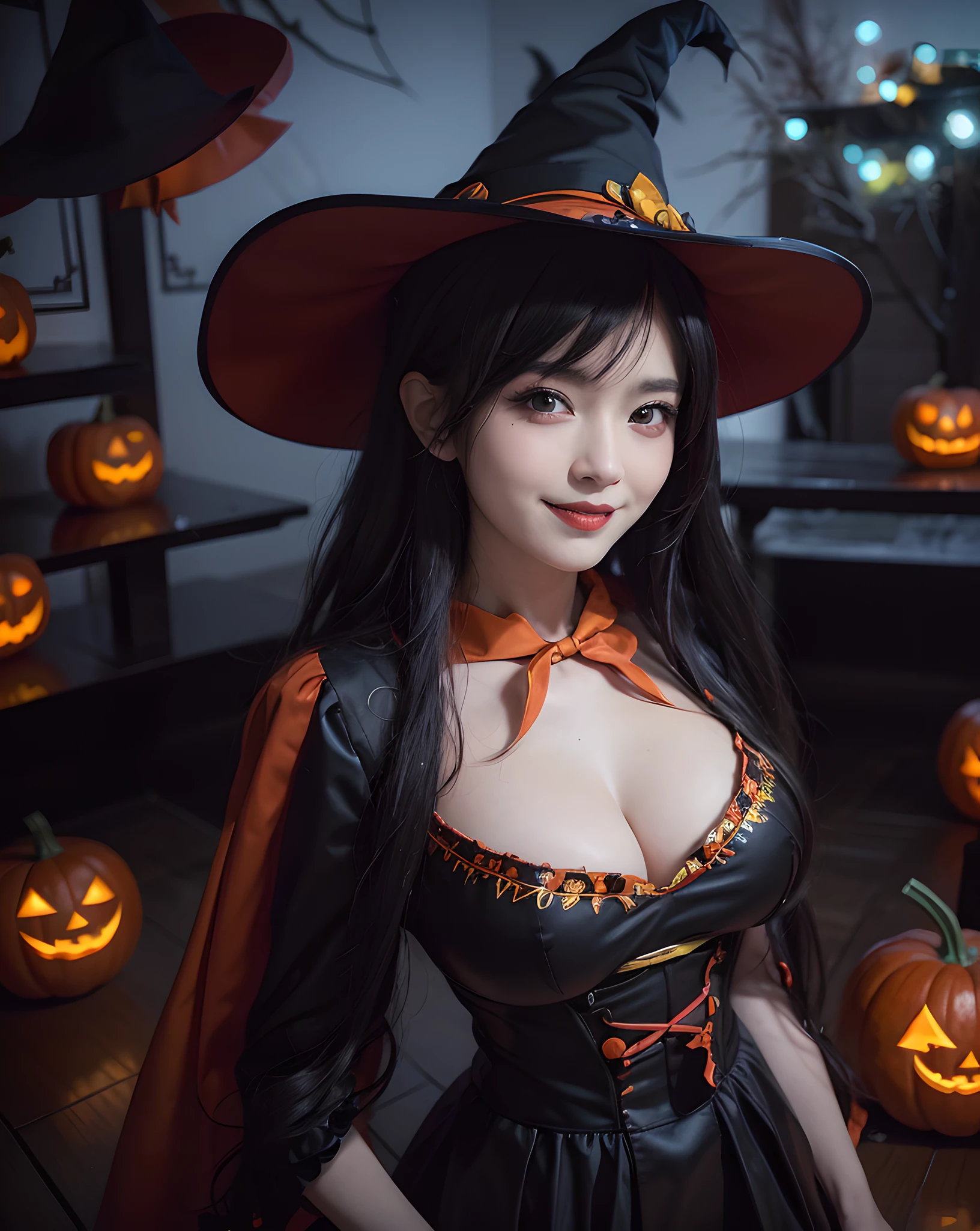 araffe dressed in a costume with a pumpkin and a hat, anime girl cosplay, in a halloween style, cosplay, cosplay photo, anime cosplay, japanese goddess, halloween celebration, trick or treat, ornate cosplay, halloween atmosphere, halloween night, loli, pretty sorceress, ayaka cosplay, cosplayer, chinese girl, full-cosplay, professional cosplay