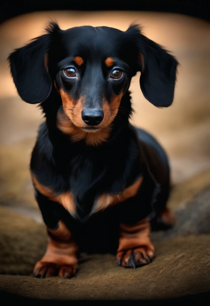 Black long haired dachshund with short legs and brown eyes