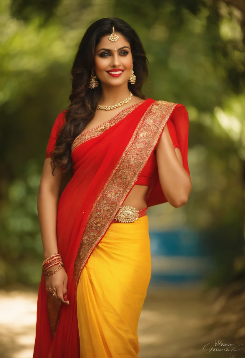 a woman in a yellow and red sari posing for a picture, gorgeous beautiful woman, indian goddess, very beautiful woman, gorgeous woman, indian super model, indian, beautiful goddess, attractive feminine curves, traditional beauty, sharandula, very very beautiful woman, curvy model, very attractive and beautiful, beautiful woman, curves!!, stunning woman, sexy movie photo, transparent blouse, Big boobs