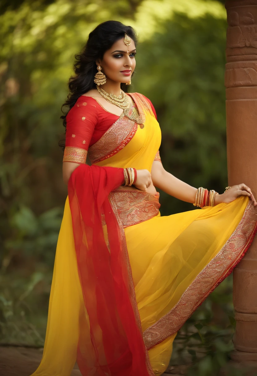 a woman in a yellow and red sari posing for a picture, gorgeous beautiful woman, indian goddess, very beautiful woman, gorgeous woman, indian super model, indian, beautiful goddess, attractive feminine curves, traditional beauty, sharandula, very very beautiful woman, curvy model, very attractive and beautiful, beautiful woman, curves!!, stunning woman, sexy movie photo, transparent blouse, Big boobs