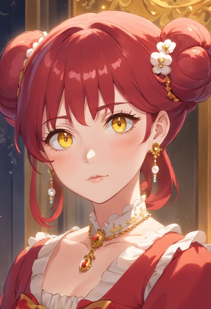 Mature anime woman, crimson hair, yellow eyes, hair in bun, pearls in hair, red Victorian dress, gold eyeshadow, glossy lips, long eyelashes
