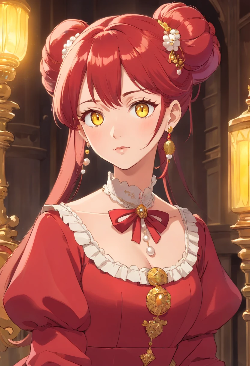 Mature anime woman, crimson hair, yellow eyes, hair in bun, pearls in hair, red Victorian dress, gold eyeshadow, glossy lips, long eyelashes