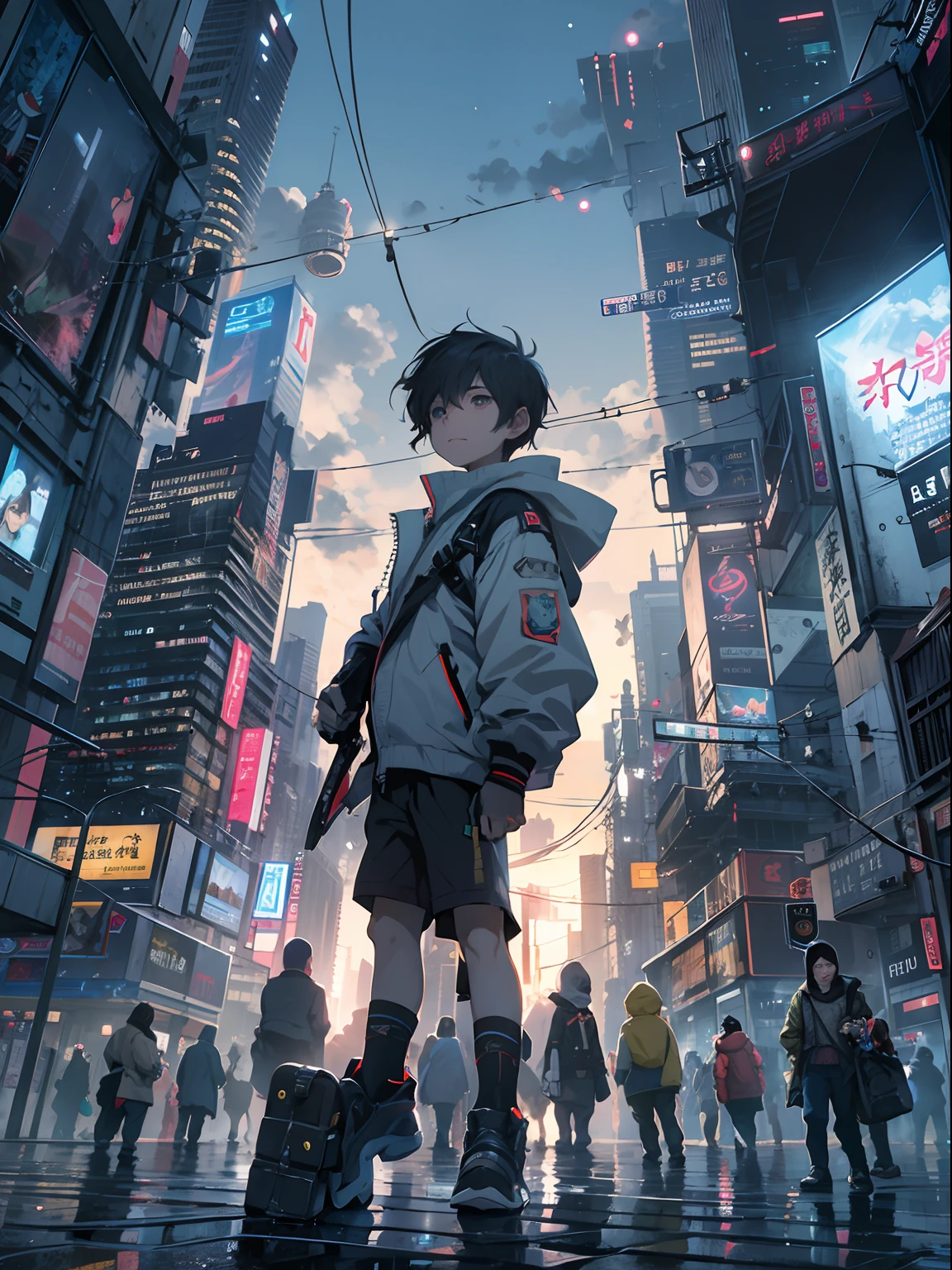 1boys,A 13-year-old boy、Cyberpunk boy、katana swords,Bloody all over、The beginning of the adventure、Lots of clouds,Heavy fog、starrysky、Moon,The chaotic city of the future、Movie dystopia、A group of very tall skyscrapers stands in the center、Very complex cityscape,Crowded Chinese skyscrapers、Signs、the street lights、taxis、the bus、Train、Fairly dim lighting、The Dark Road、Puddles、chaos、Beautiful and fantastic scenery、cinematic scenery、high high quality、masutepiece,8K、A high resolution、