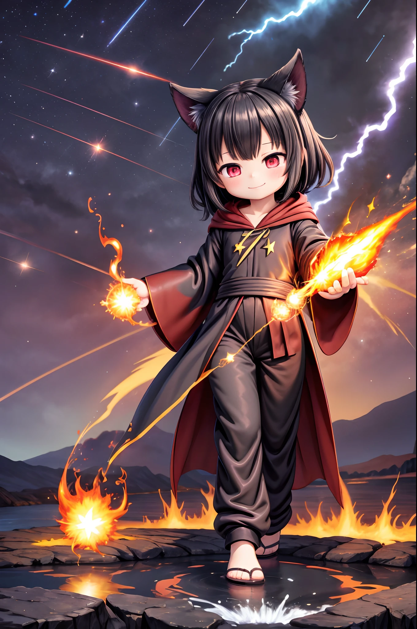 masterpiece,best quality,official art,extremely detailed CG unity 8k wallpaper,wide angle,full body,1girl,short black hair,black cat ears,red eyes,evil smile,black mage robes,baggy pants,casting a magic spell,fireball, flying,volcano erupting,river flowing,stars,galaxy,lightning storm,meteor shower,hdr